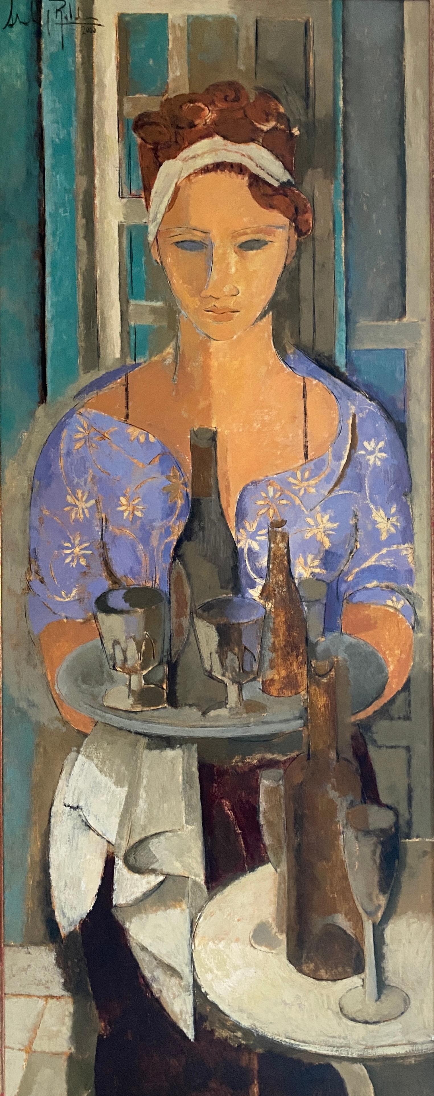 Die Kellnerin. Porträt des Viertels.  Zeitgenössischer kubistischer Stil. Ölfarbe – Painting von Alfredo Roldán