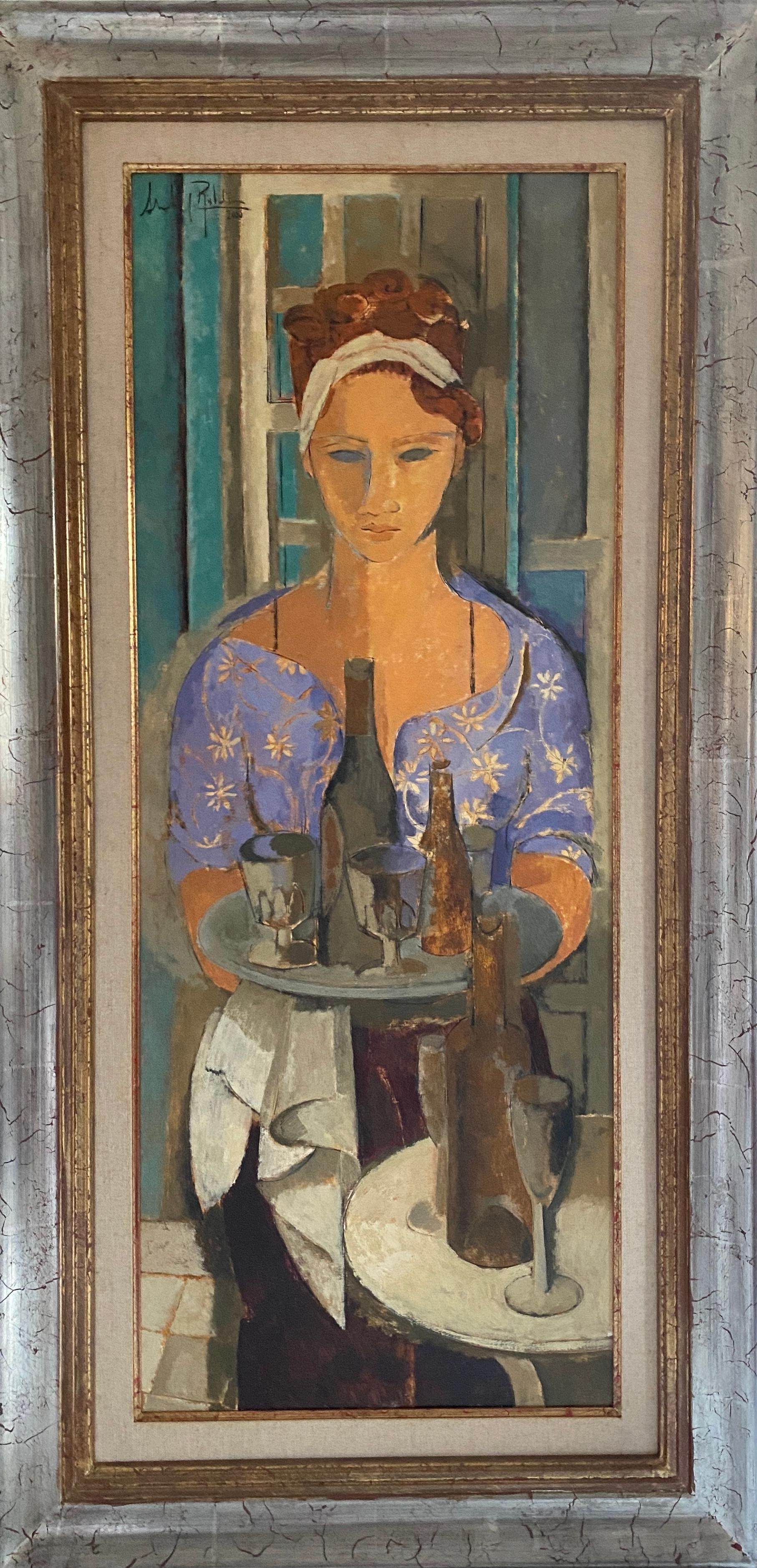 The waitress.
Oil on canvas, three quarter portrait of a beautiful waitress. Cubist style
Measurements in centimeters: 122 x 48 x 2 cm /  Framed: 152 x 78 x 4 cm.
In Inches: 48.03 x 18.9 x 0.79 