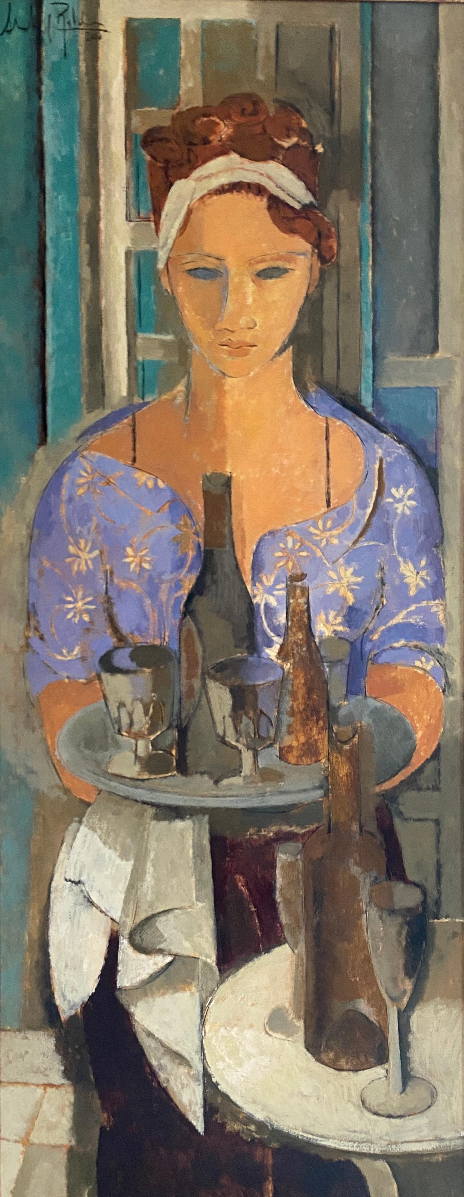 Alfredo Roldán Still-Life Painting – Die Kellnerin. Porträt des Viertels.  Zeitgenössischer kubistischer Stil. Ölfarbe