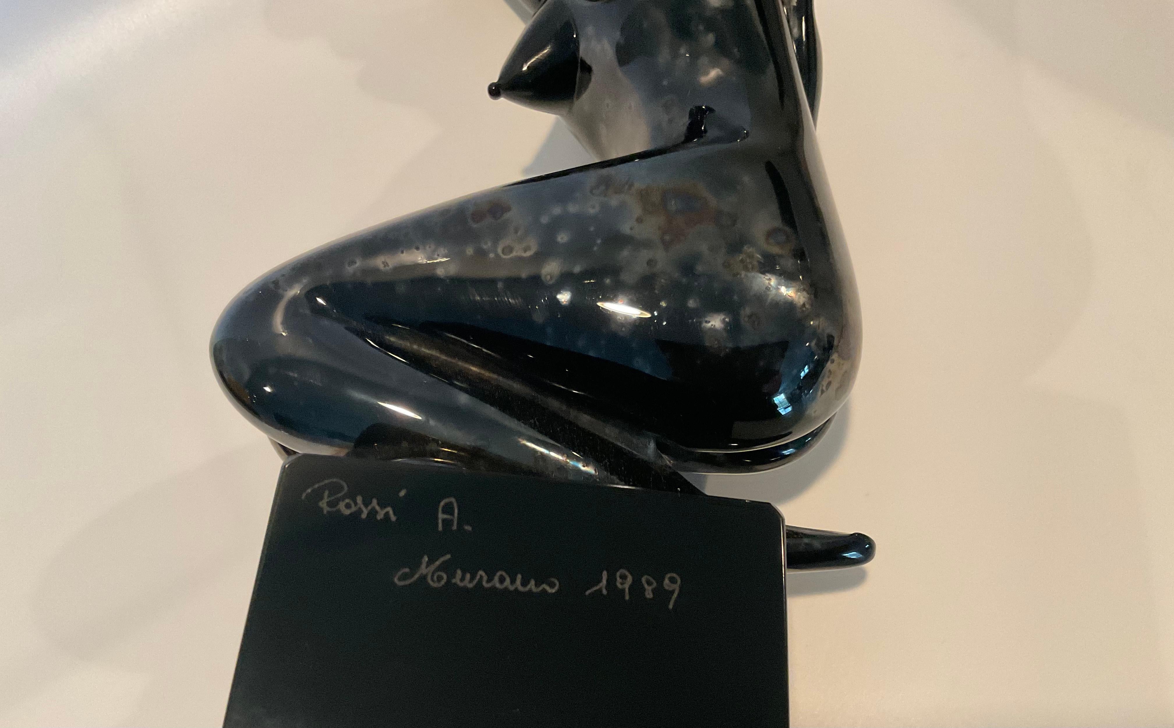Alfredo Rossi Signed and dated Murano black glass female sculpture with a glowing irredescent finish. Very high quality solid glass sculpture.