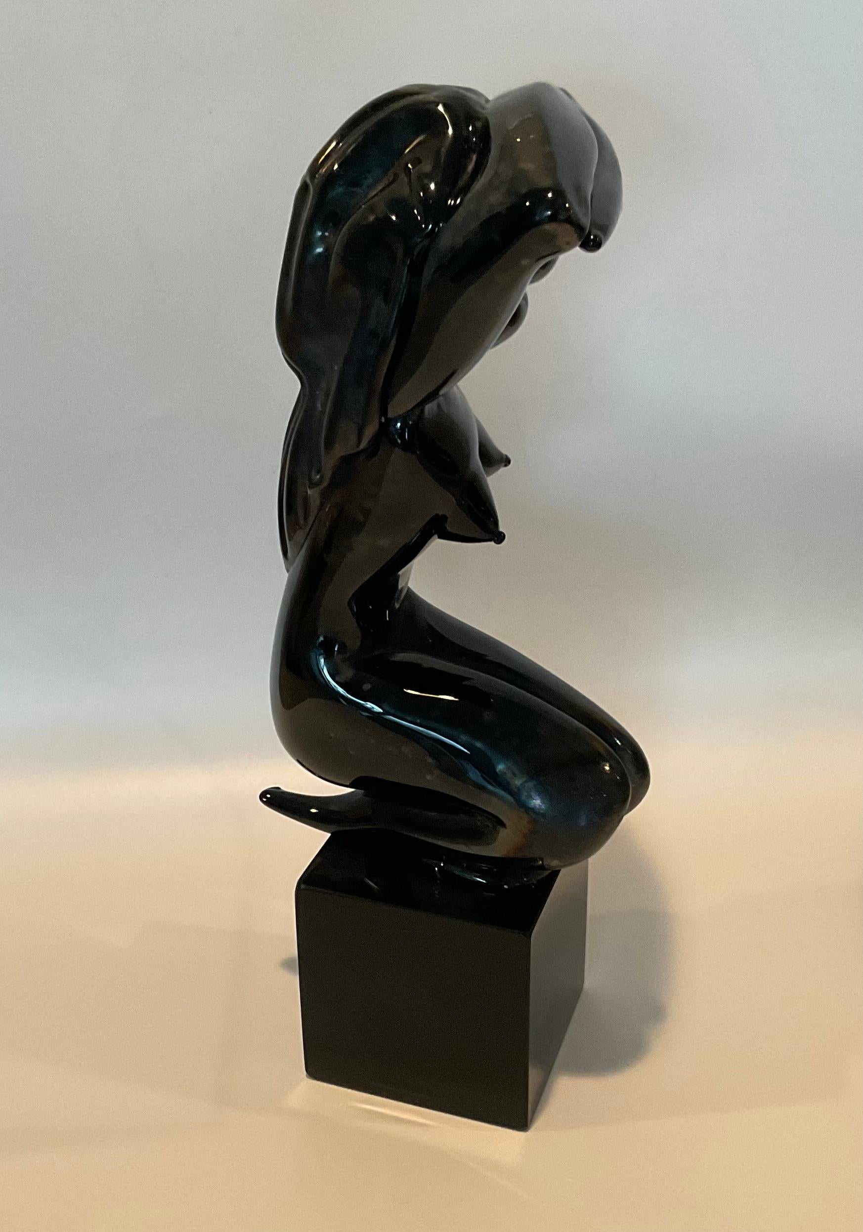 Mid-Century Modern Alfredo Rossi Signed and Dated Murano Black Glass Female Sculpture Irredescent For Sale