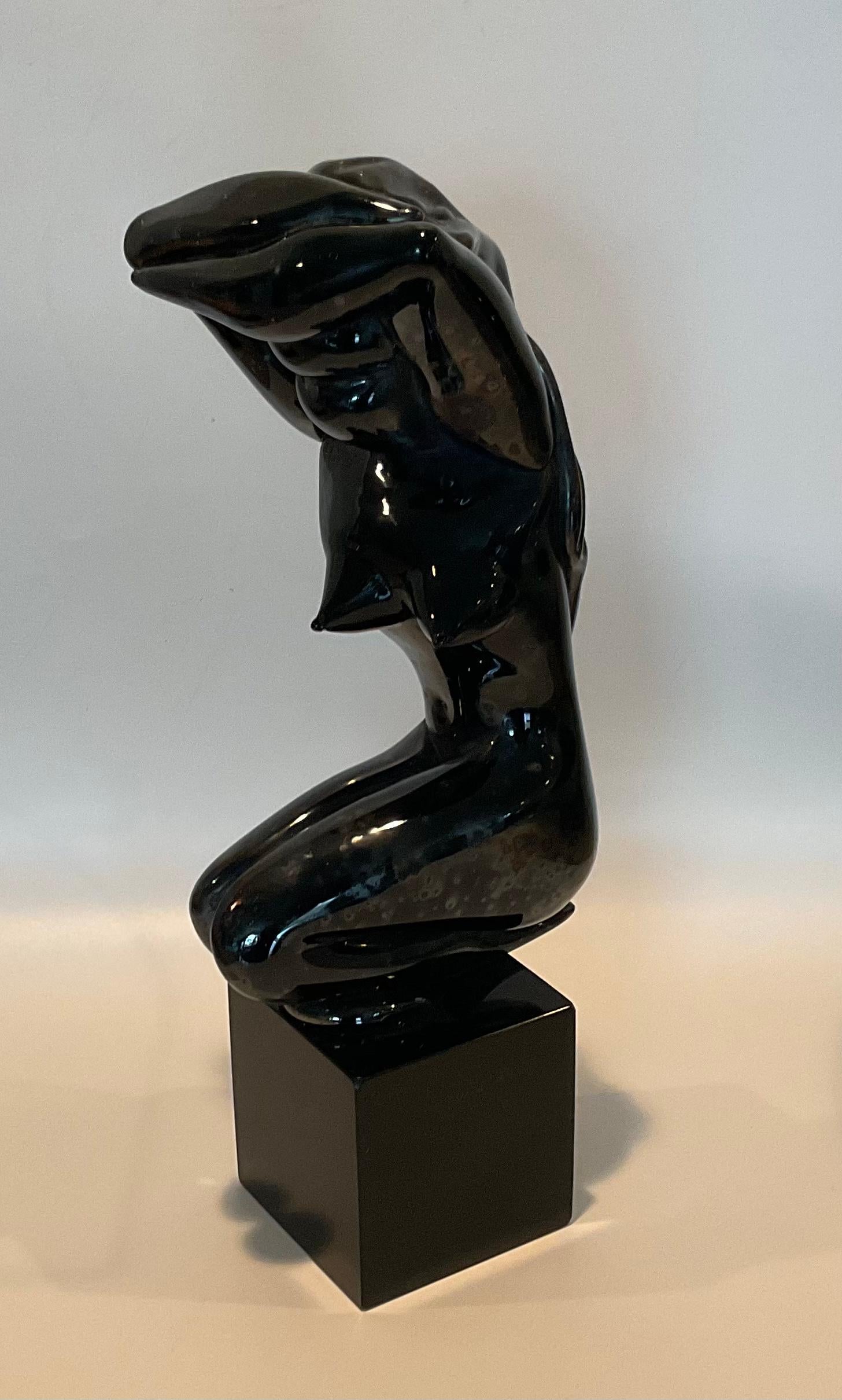 Italian Alfredo Rossi Signed and Dated Murano Black Glass Female Sculpture Irredescent For Sale
