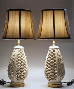Alfredo Santarelli Pair of White Reticulated Majolica Table Lamps, 1940s-1950s