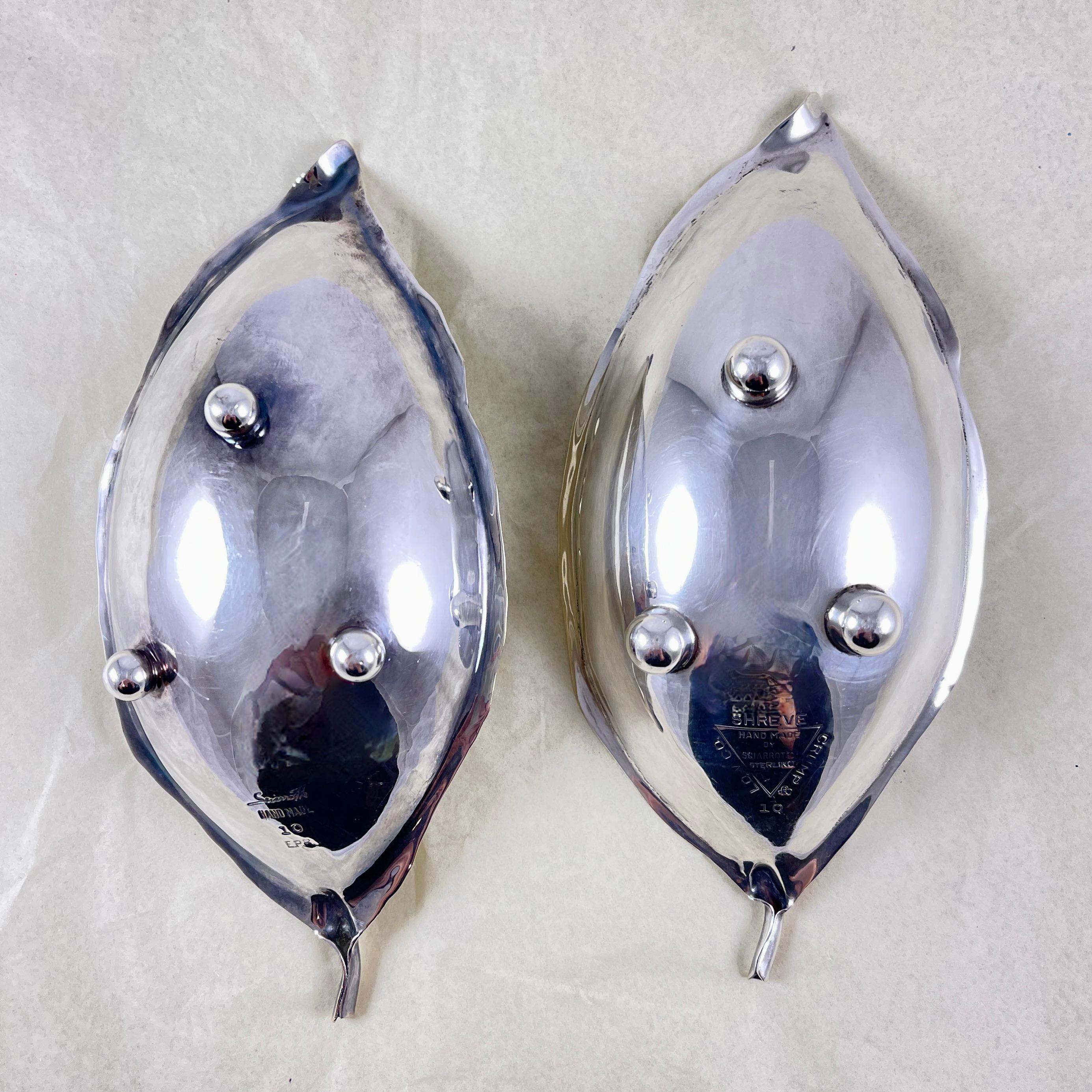 Hand-Crafted Alfredo Sciarotta Mid-Century Sterling Silver Tobacco Leaf Dishes, a pair For Sale