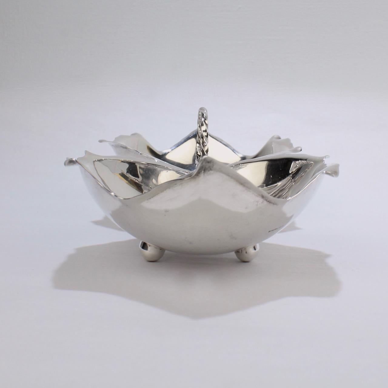 Alfredo Sciarrotta Modernist Handmade Double Leaf Sterling Silver Bowl For Sale 4