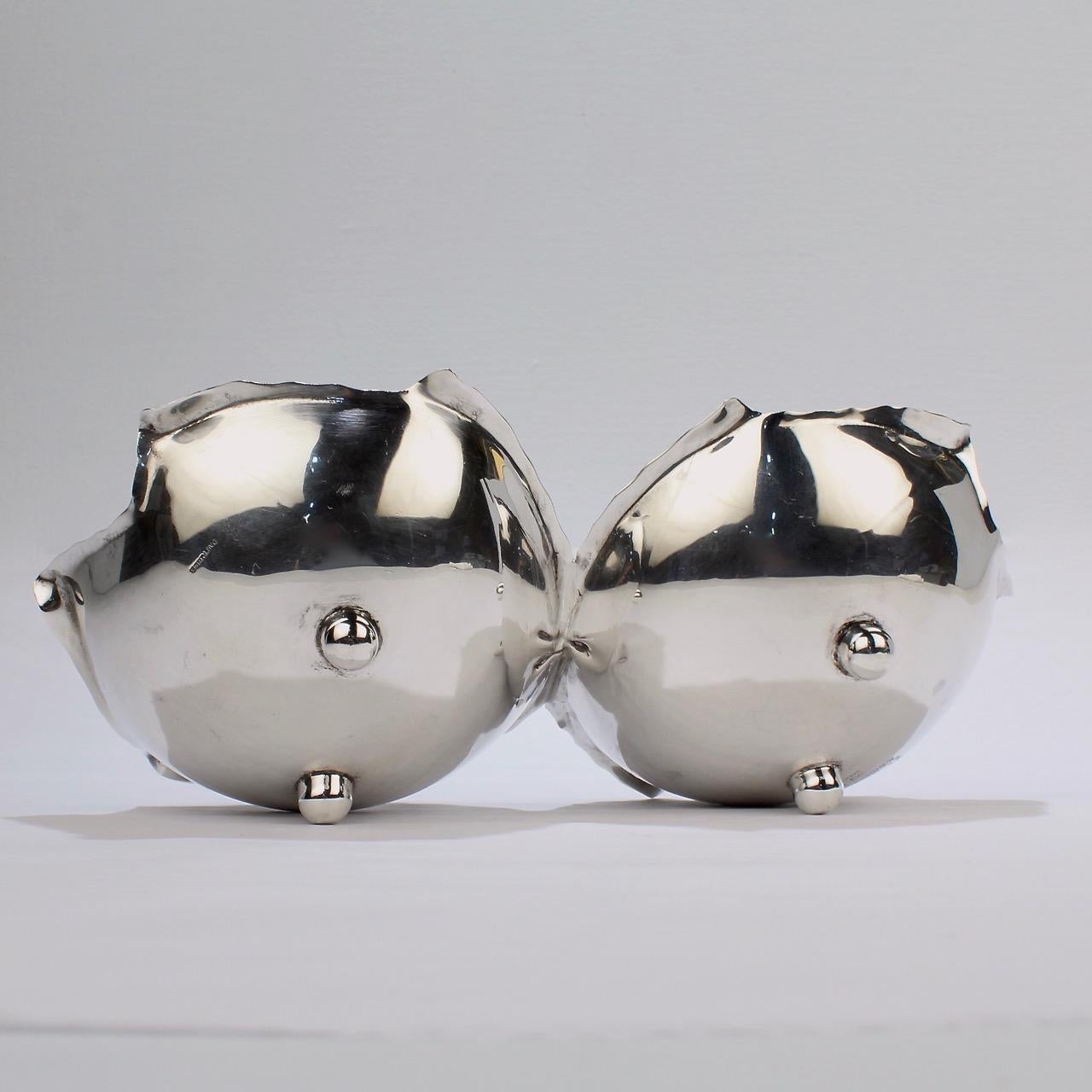 Alfredo Sciarrotta Modernist Handmade Double Leaf Sterling Silver Bowl For Sale 6