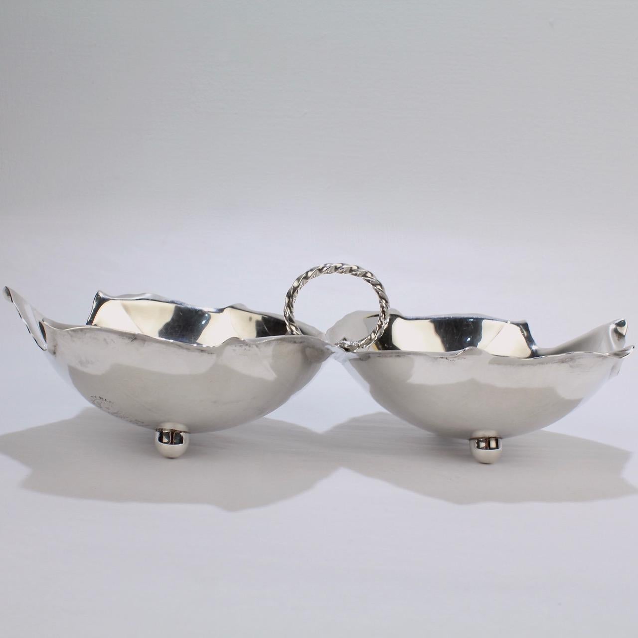 Alfredo Sciarrotta Modernist Handmade Double Leaf Sterling Silver Bowl For Sale 2