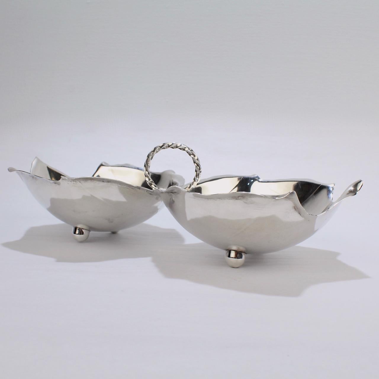 Alfredo Sciarrotta Modernist Handmade Double Leaf Sterling Silver Bowl For Sale 3