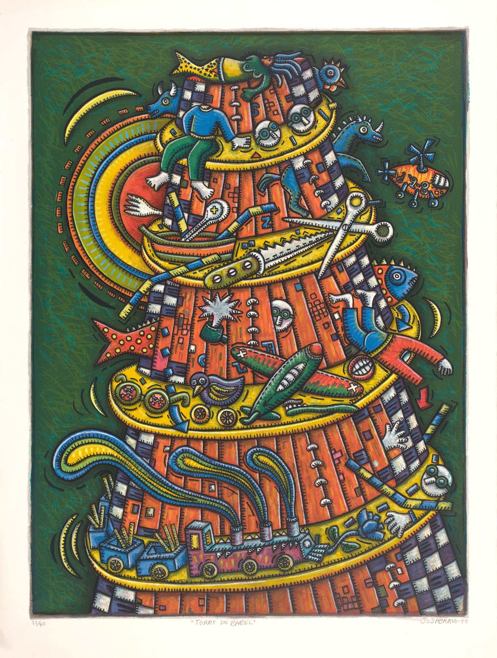 "Torre di Babel" 1999 Serigrafia originale firmata 36x27in Stampa artistica cubana