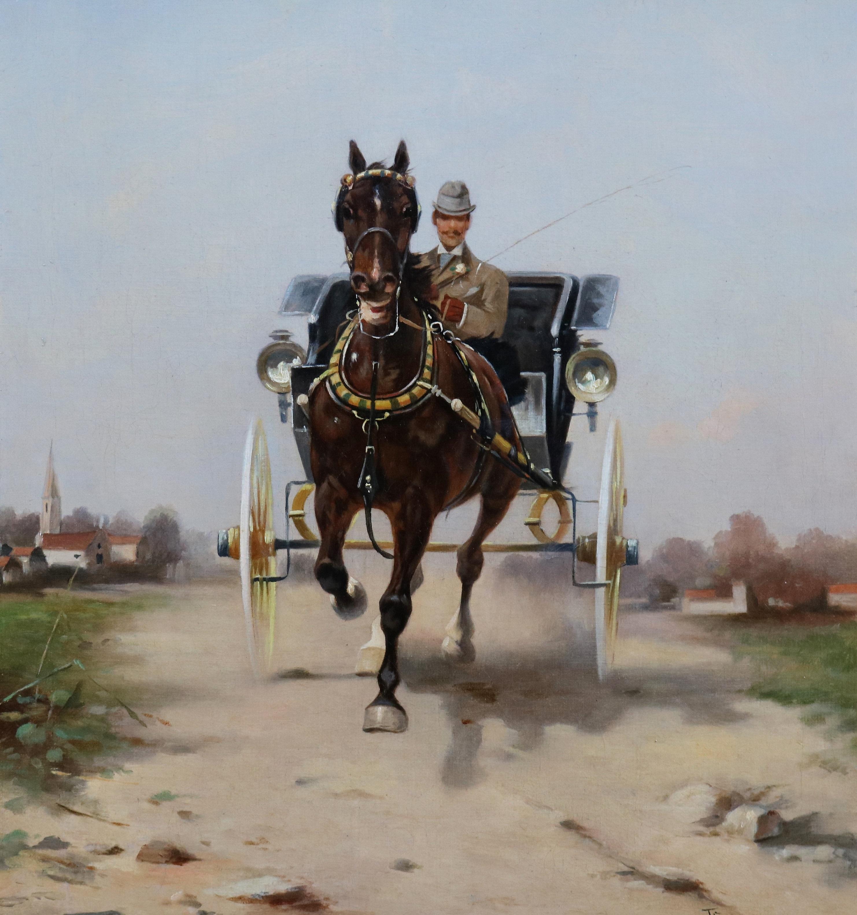 A Tutto Galoppo - 19. Italienisches Ölgemälde der Belle Epoque Gesellschaft Herr & Pferd (Grau), Figurative Painting, von Alfredo Tominz