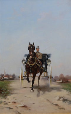 Magnifique peinture à l'huile italienne du XIXe siècle représentant un gentleman de la Belle Époque et son attelage à cheval