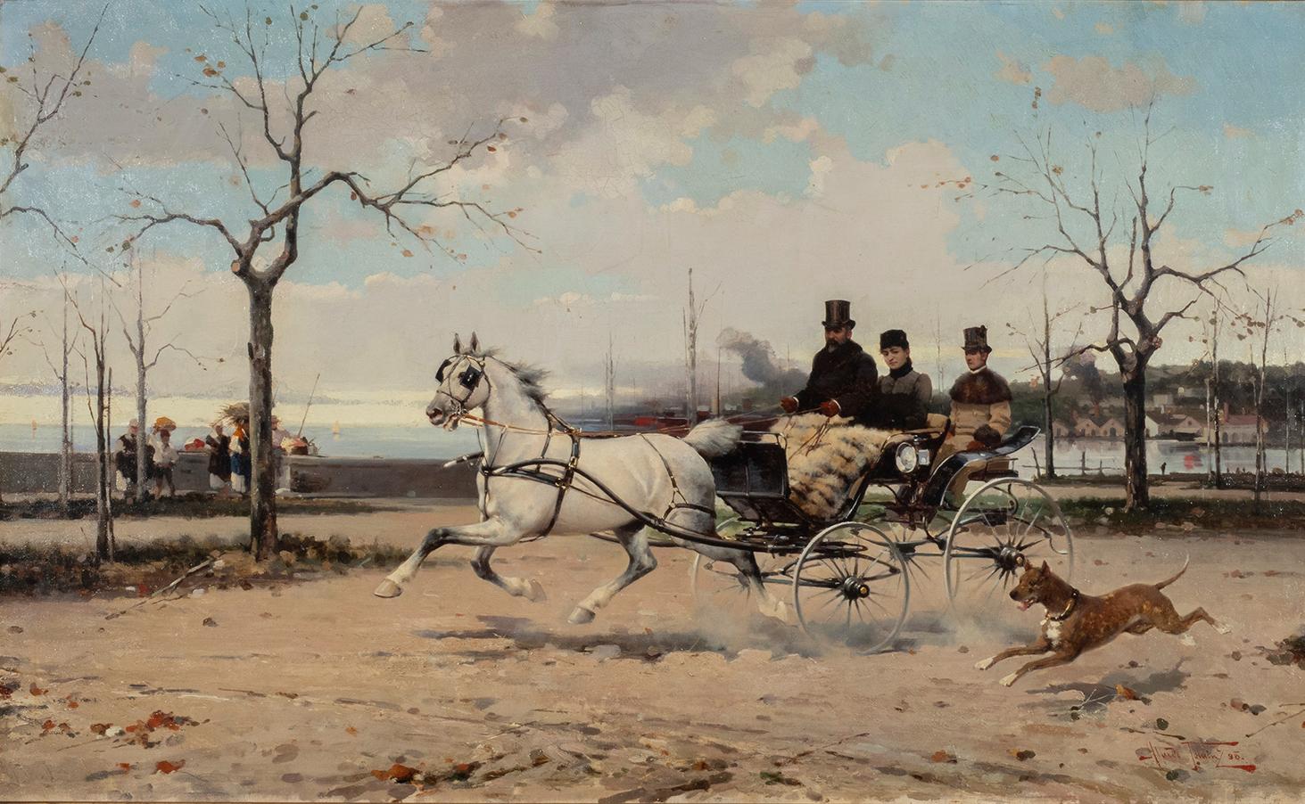 Passeggiata a cavallo a Trieste - Brown Figurative Painting by Alfredo Tominz