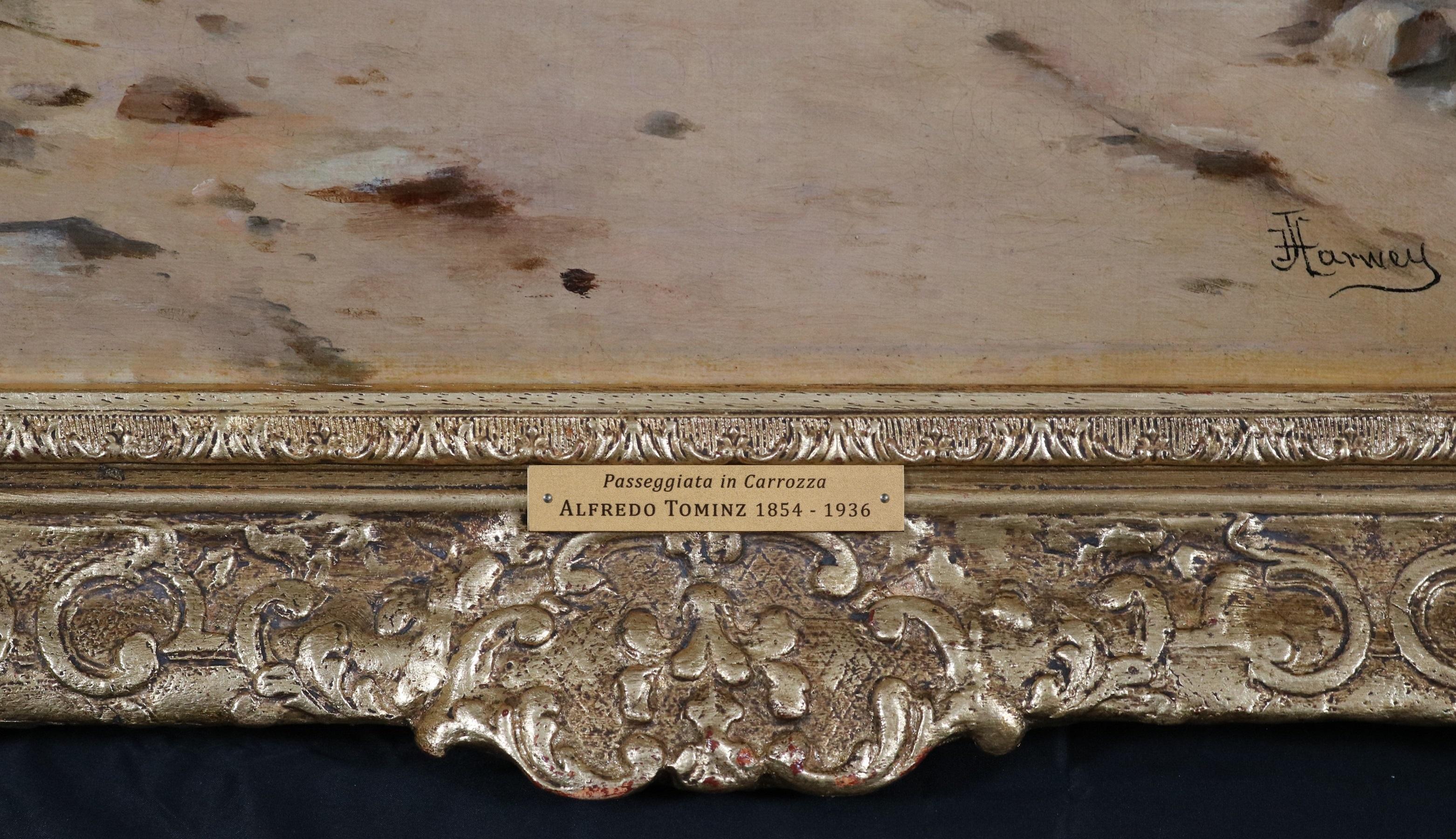 Passegiato in Carrozza- Peinture à l'huile italienne du 19e siècle Couple cheval et société en vente 6