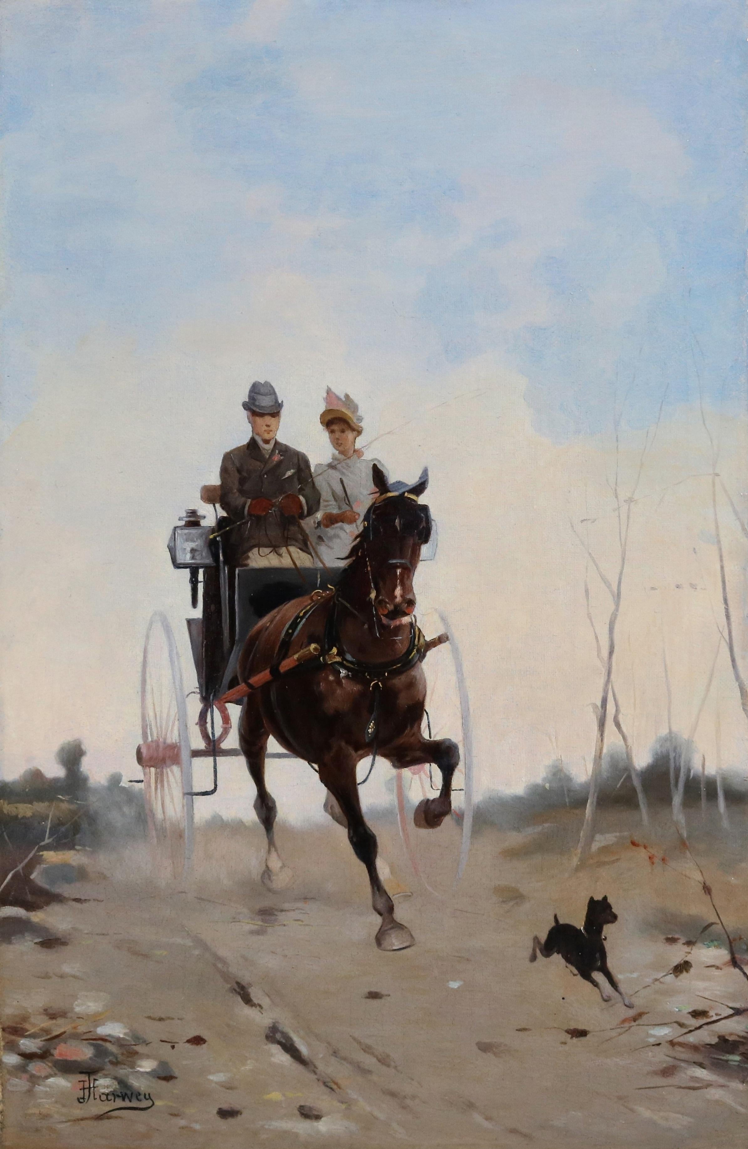 Passegiato in Carrozza- Peinture à l'huile italienne du 19e siècle Couple cheval et société - Painting de Alfredo Tominz
