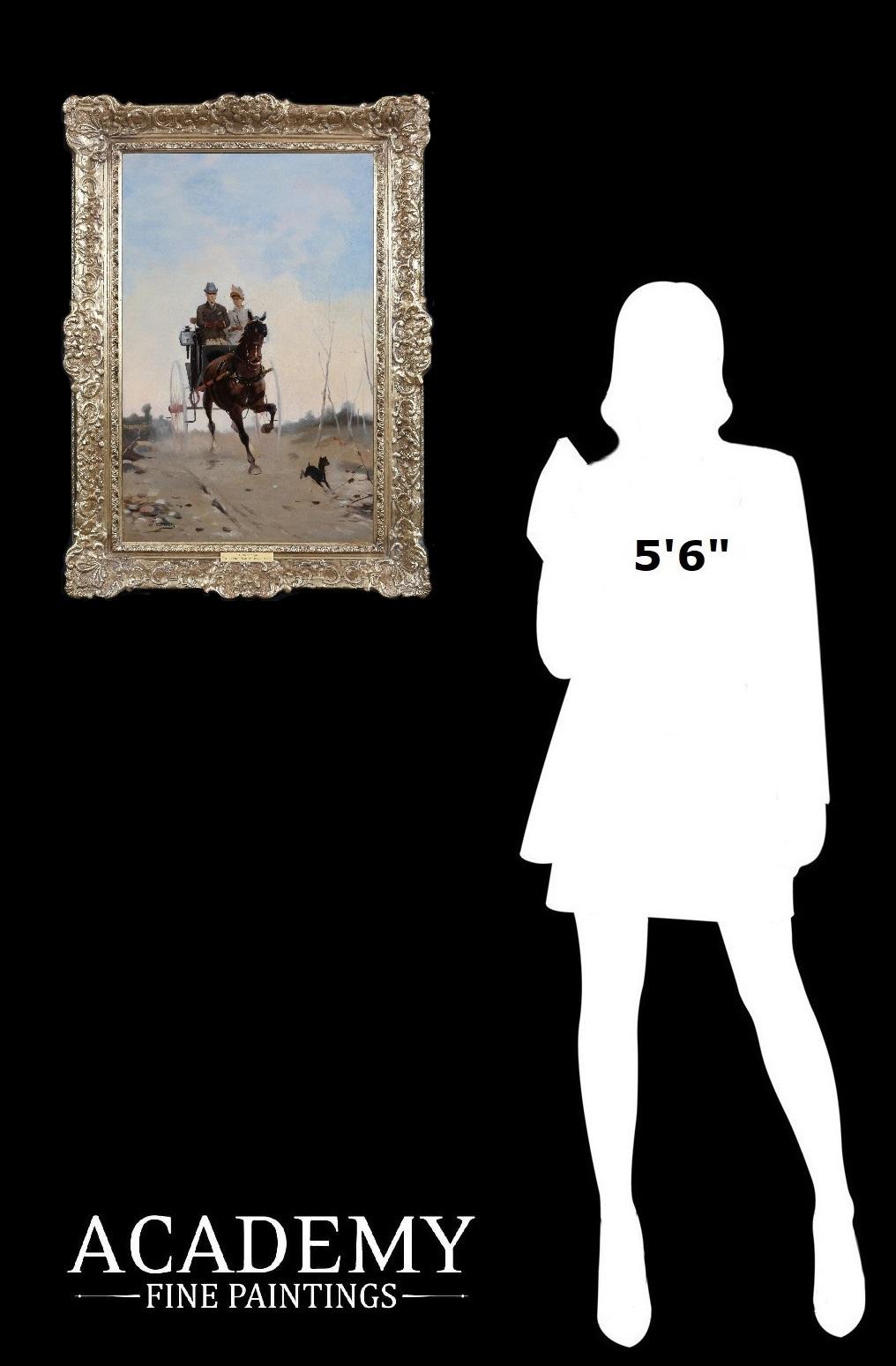 Passegiato in Carrozza- Peinture à l'huile italienne du 19e siècle Couple cheval et société - École italienne Painting par Alfredo Tominz