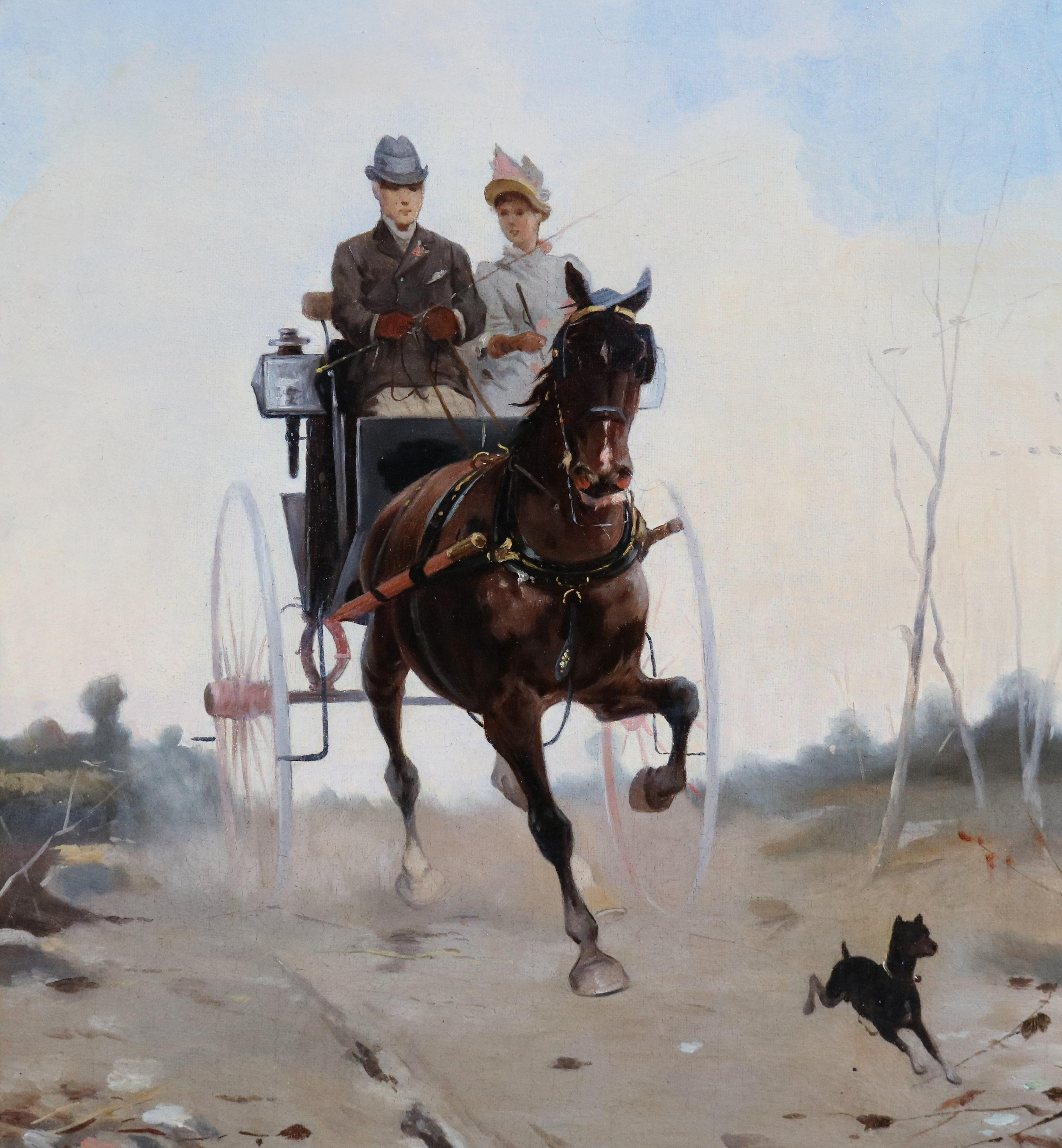 Passegiato in Carrozza- Peinture à l'huile italienne du 19e siècle Couple cheval et société - Gris Animal Painting par Alfredo Tominz