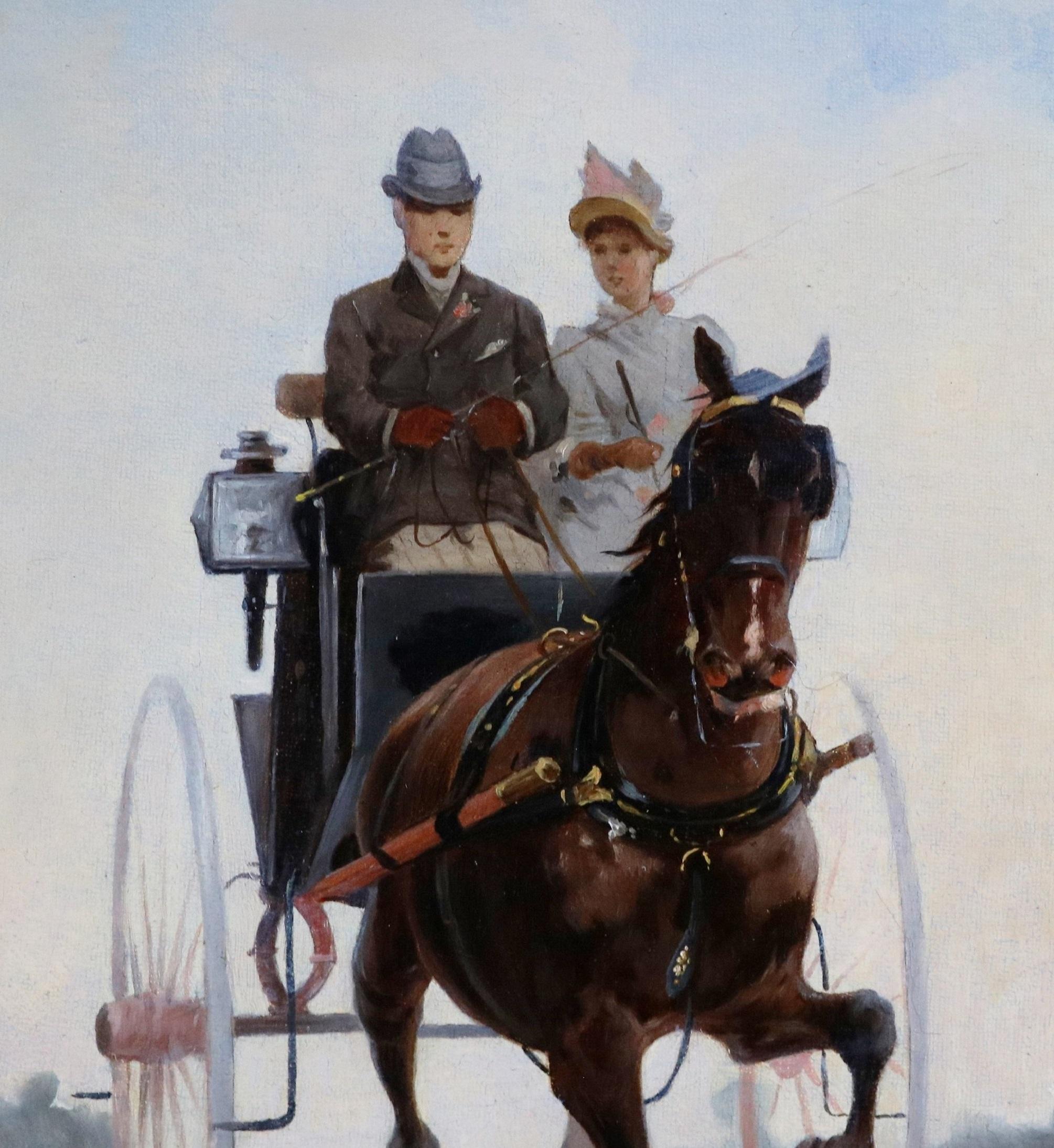 Passegiato in Carrozza- Peinture à l'huile italienne du 19e siècle Couple cheval et société en vente 2