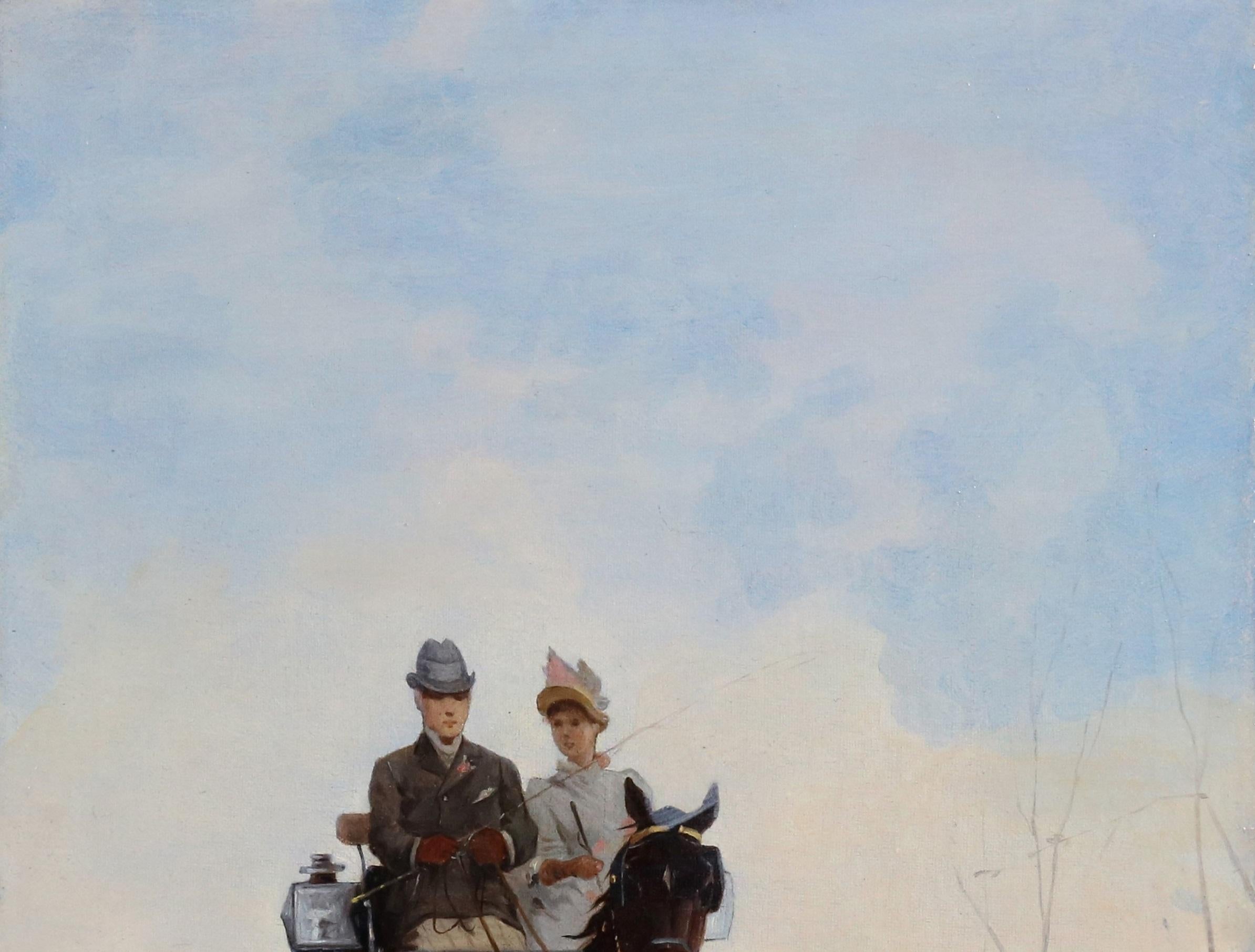 Passegiato in Carrozza- Peinture à l'huile italienne du 19e siècle Couple cheval et société en vente 4