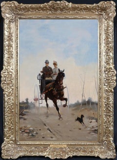 Passegiato in Carrozza - Pittura ad olio del XIX secolo - Coppia di cavalli e società