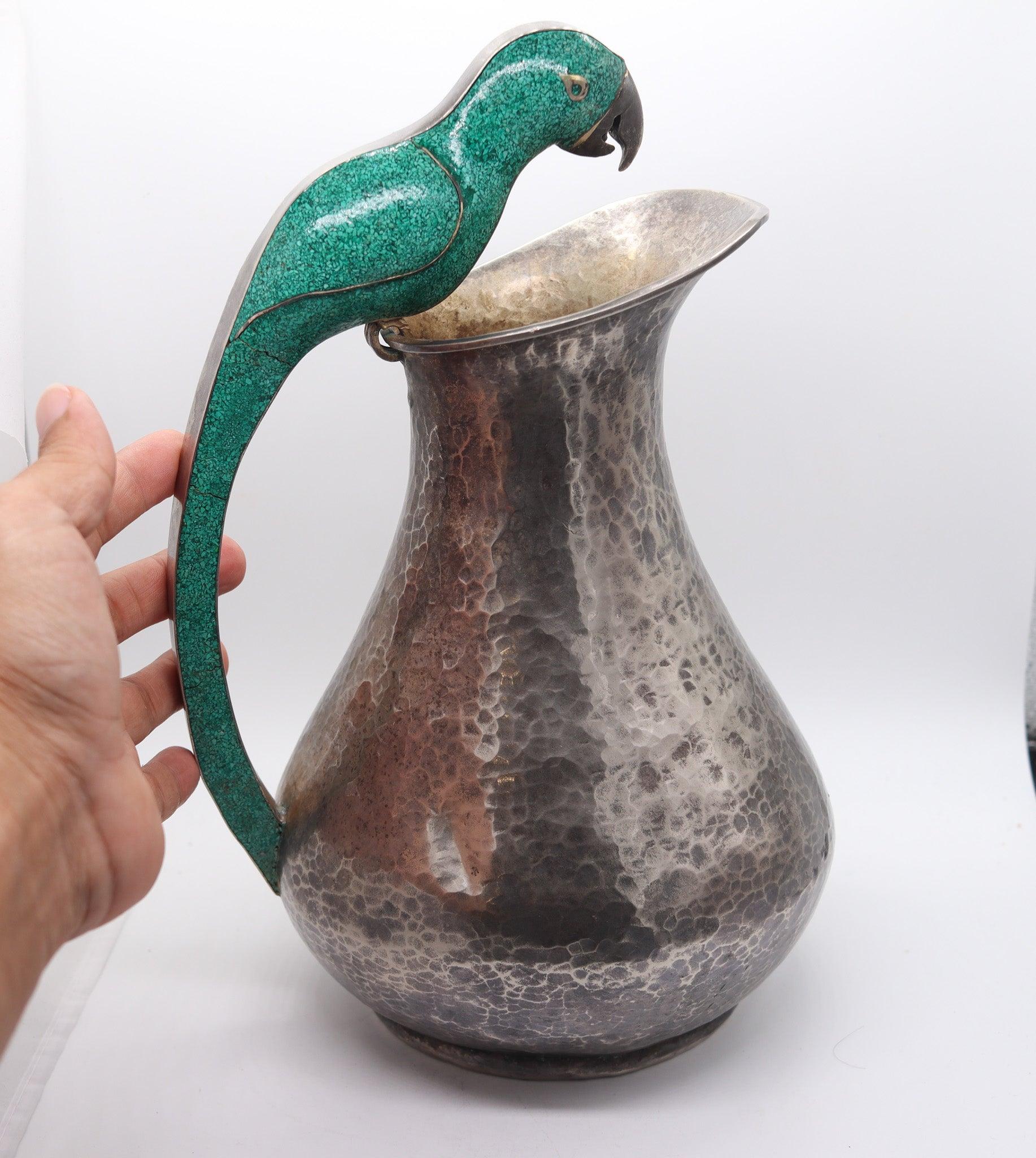 Mexican ALFREDO VILLASANA 1960 Parrot Serving Pitcher In Alpaca And Green Turquoise For Sale