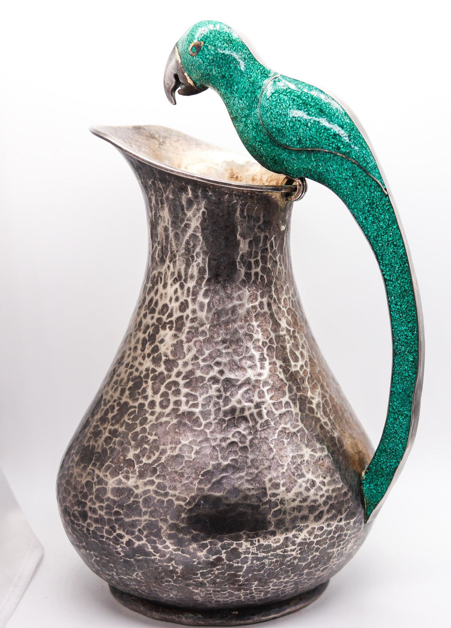 Hammered ALFREDO VILLASANA 1960 Parrot Serving Pitcher In Alpaca And Green Turquoise For Sale