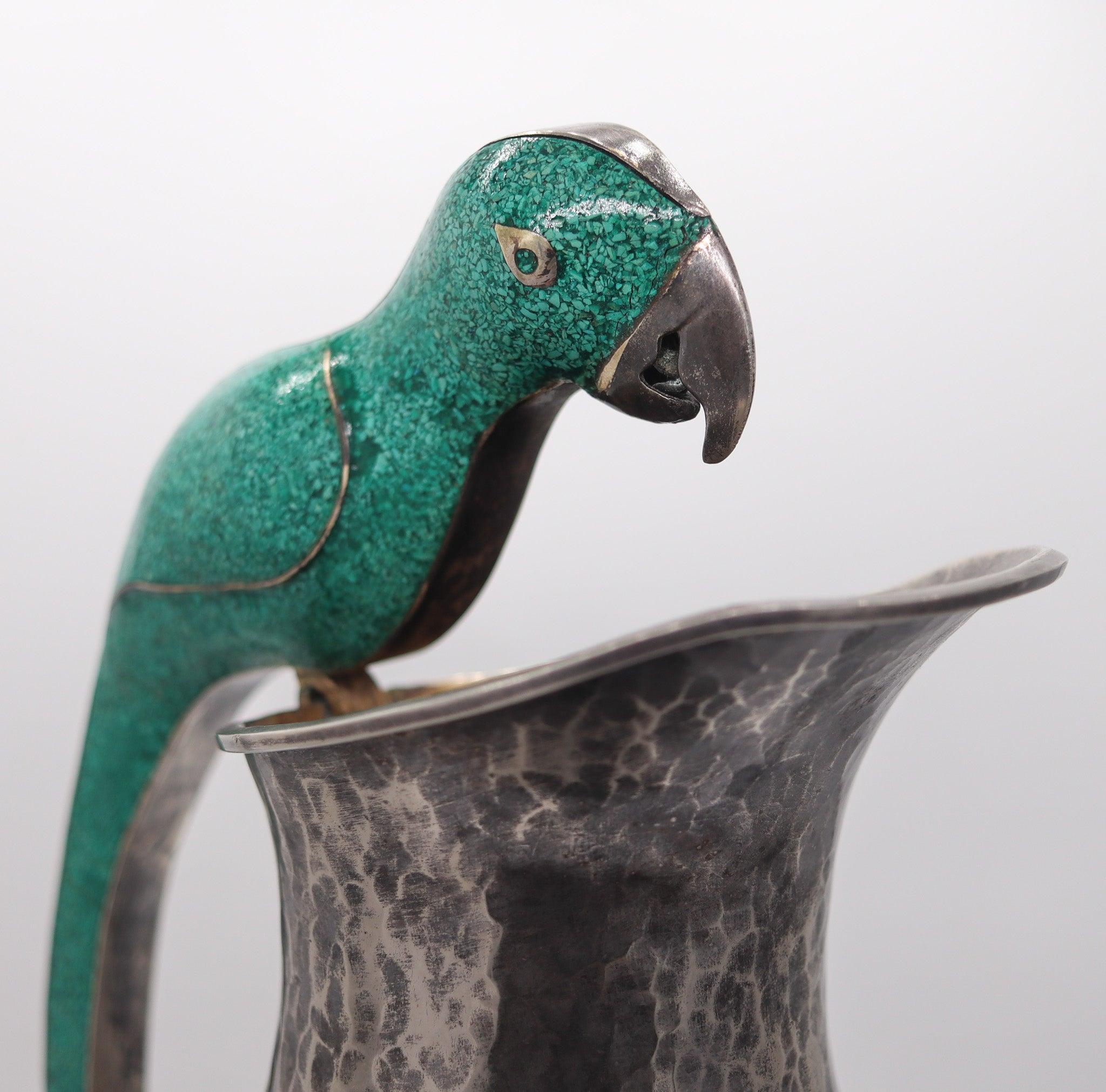 ALFREDO VILLASANA 1960 Parrot Serving Pitcher In Alpaca And Green Turquoise In Excellent Condition For Sale In Miami, FL