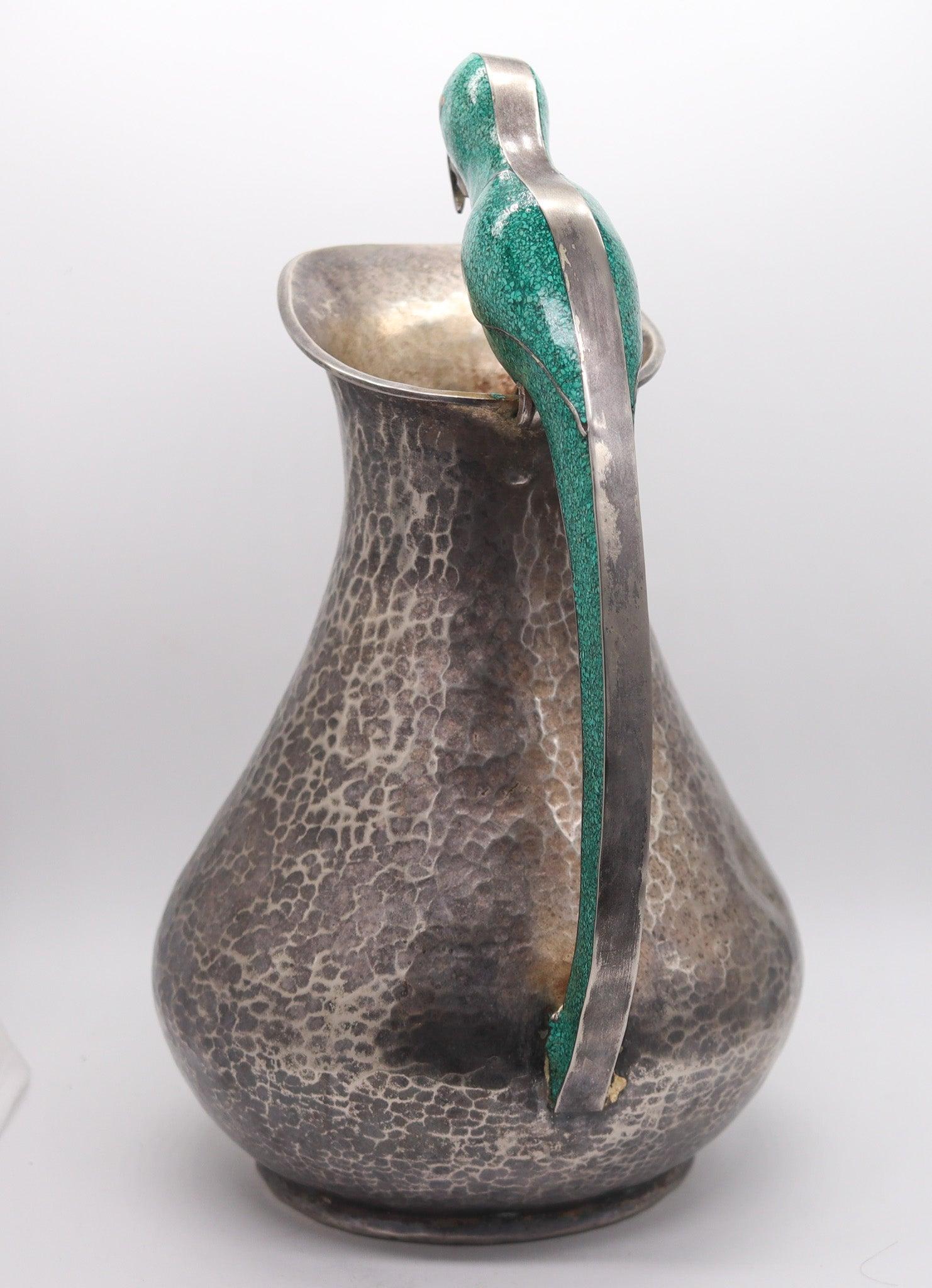 Silver Plate ALFREDO VILLASANA 1960 Parrot Serving Pitcher In Alpaca And Green Turquoise For Sale