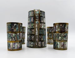 Alfredo Villasana Taxco Brass & Abalone Pitcher and Tumblers Set, 1950s