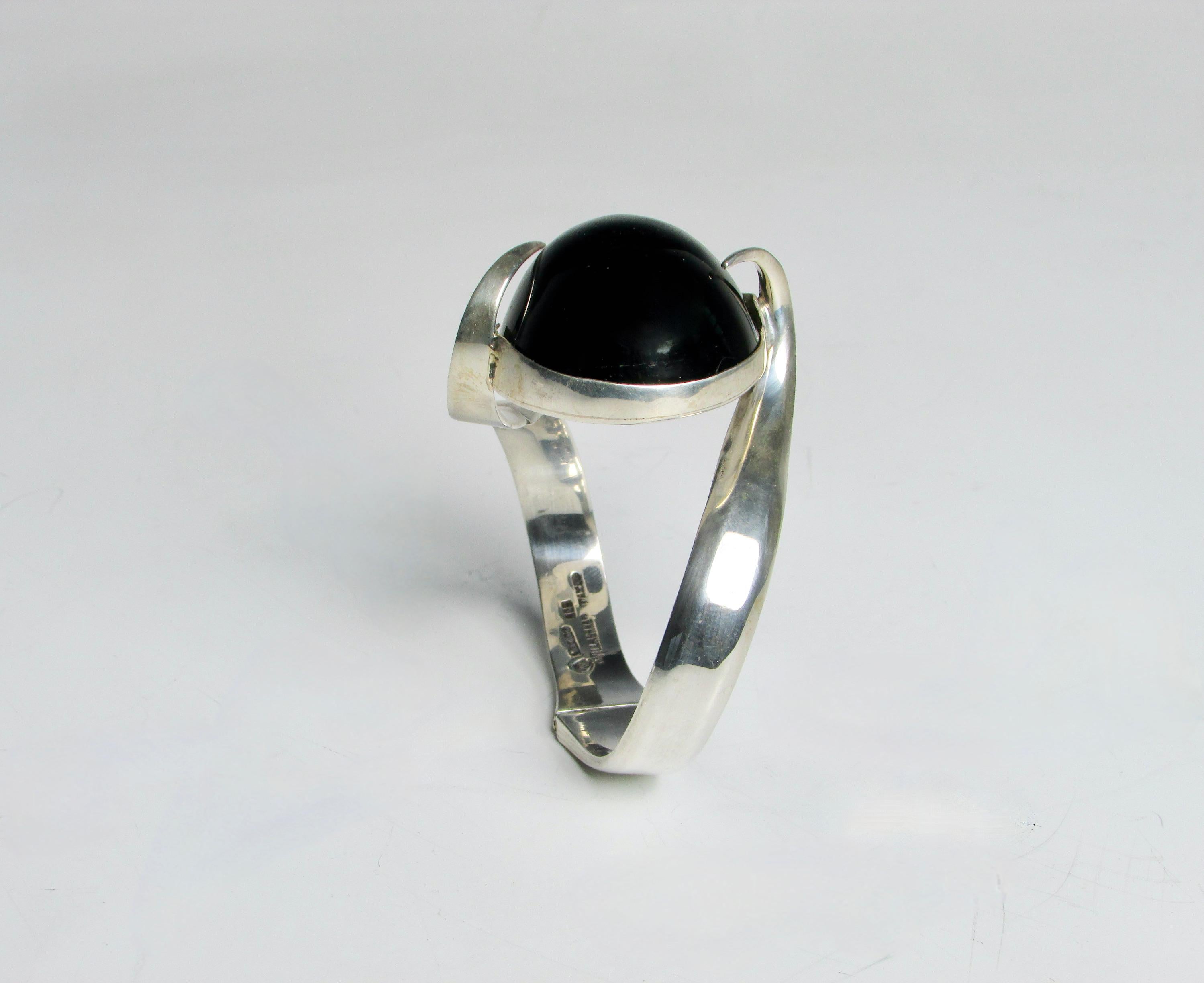 Sterling Silver Alfredo Villasana Taxco Mexican Silver Bracelet with Black Obsidian Stone