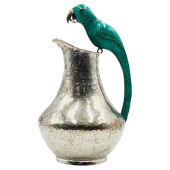 Alfredo Villasana Taxco Turquoise Parrot Silver Plate Pitcher, Mexican Silver