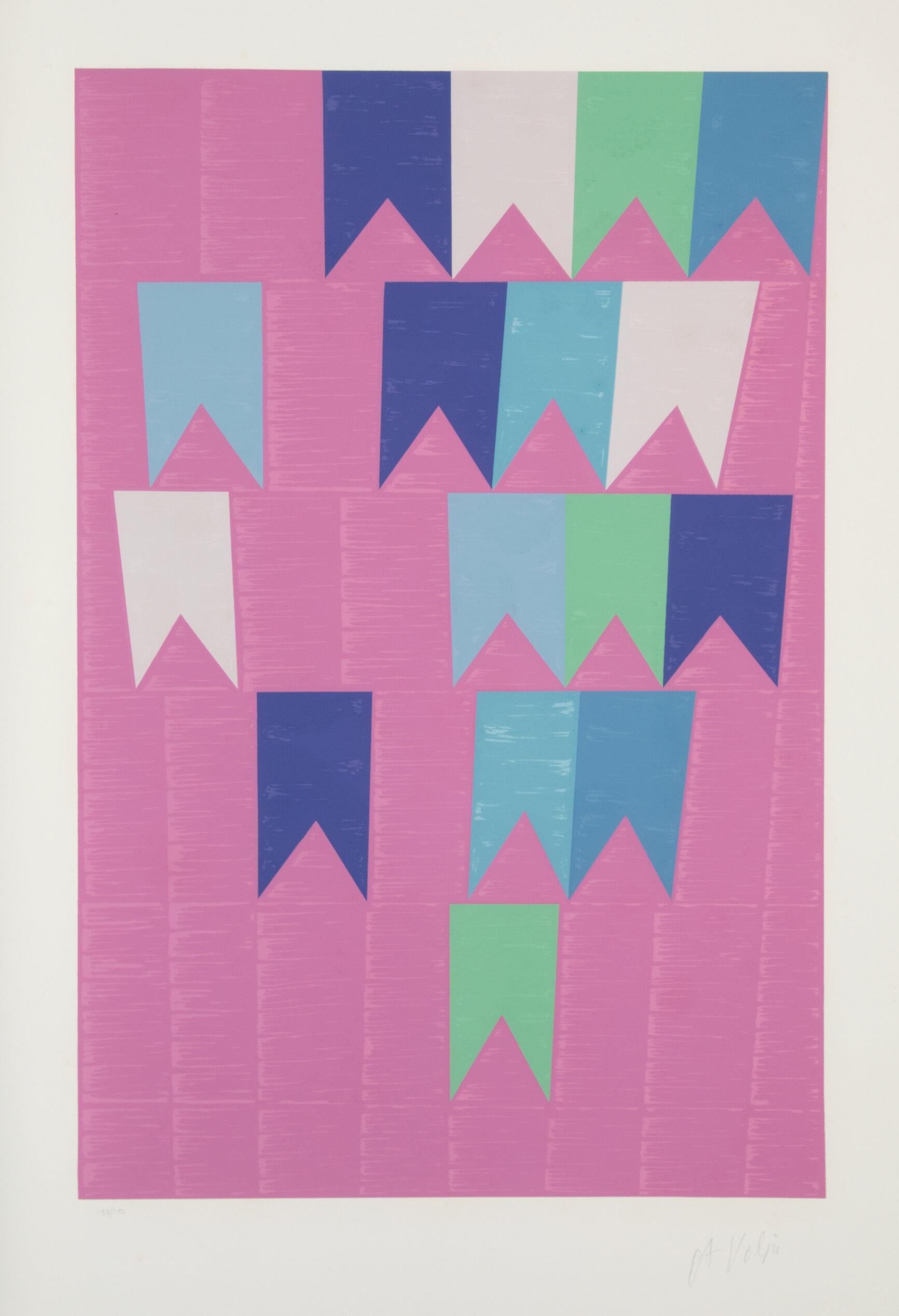 Artist: Alfredo Volpi, Brazilian (1896 - 1988)
Title: Bandeirinhas Pink
Year: circa 1970
Medium: Screenprint, signed and numbered in pencil
Edition: 133/150
Sheet Size: 38 x 26 in. (96.52 x 66.04 cm)

