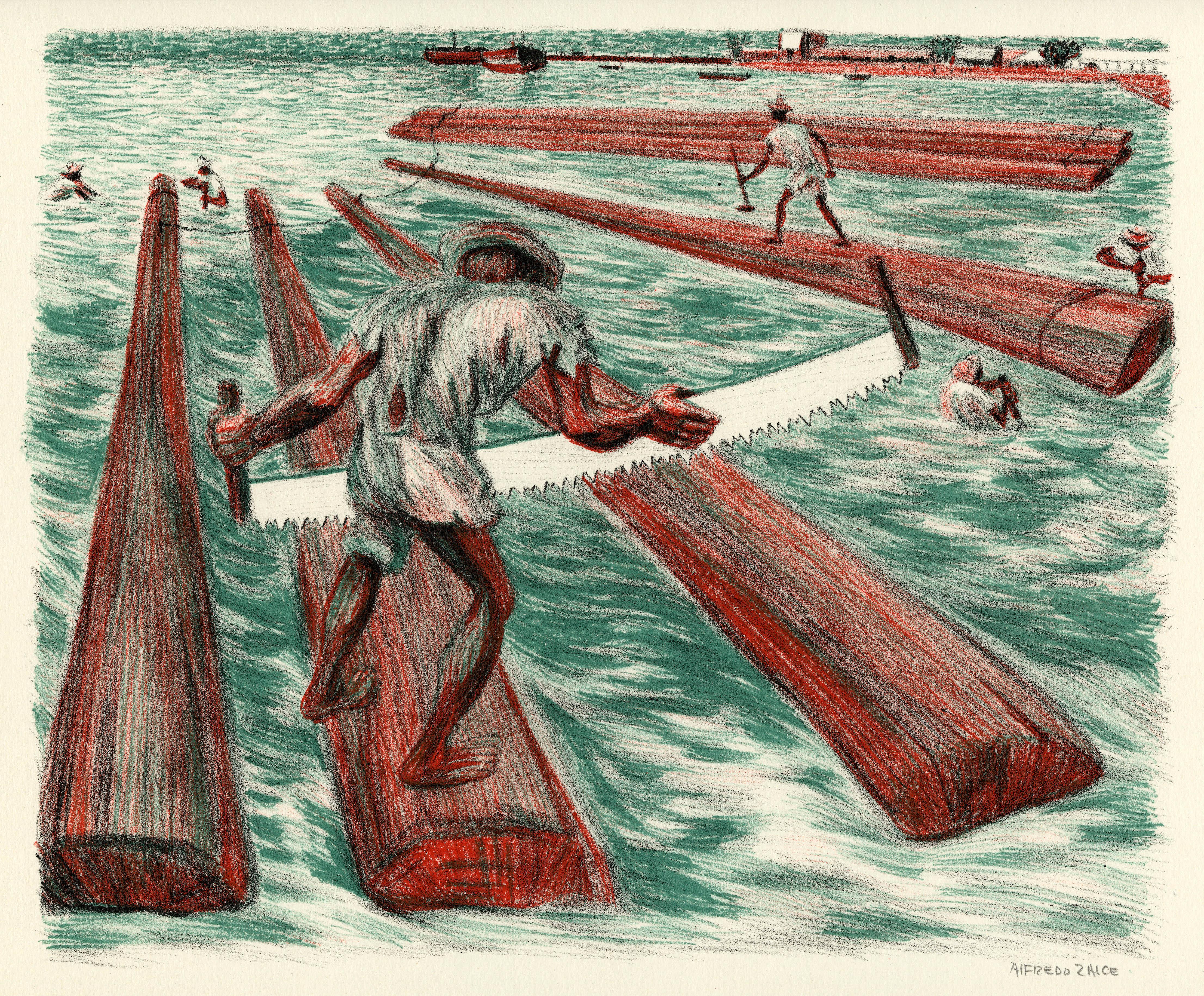 Figurative Print di Alfredo Zalce - Lavoratori del legno (Cuidad del Carmen, Stato di Campeche)