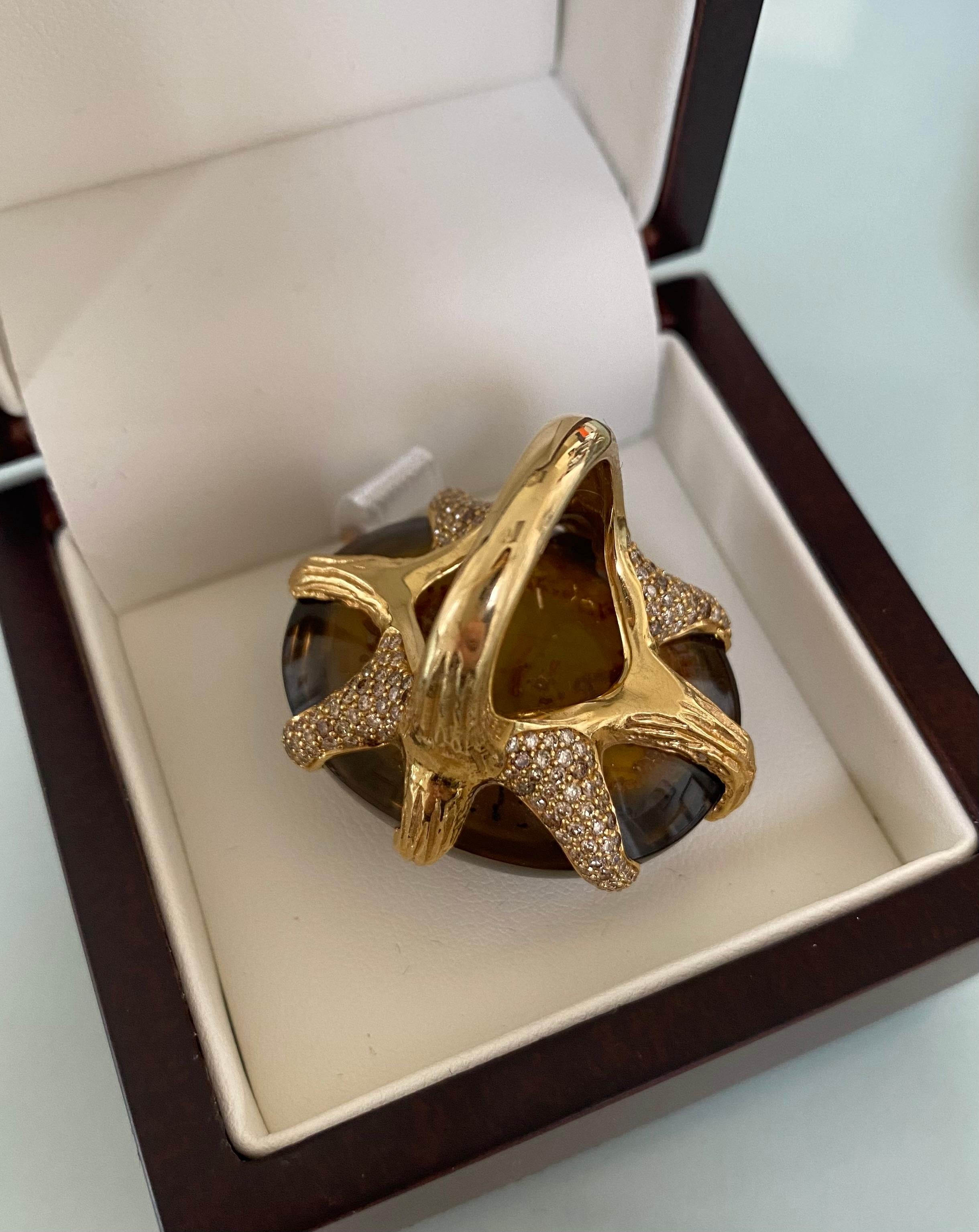 Cabochon Alga Ring, 115ct Smokey Quartz and Diamonds Gold Ring For Sale
