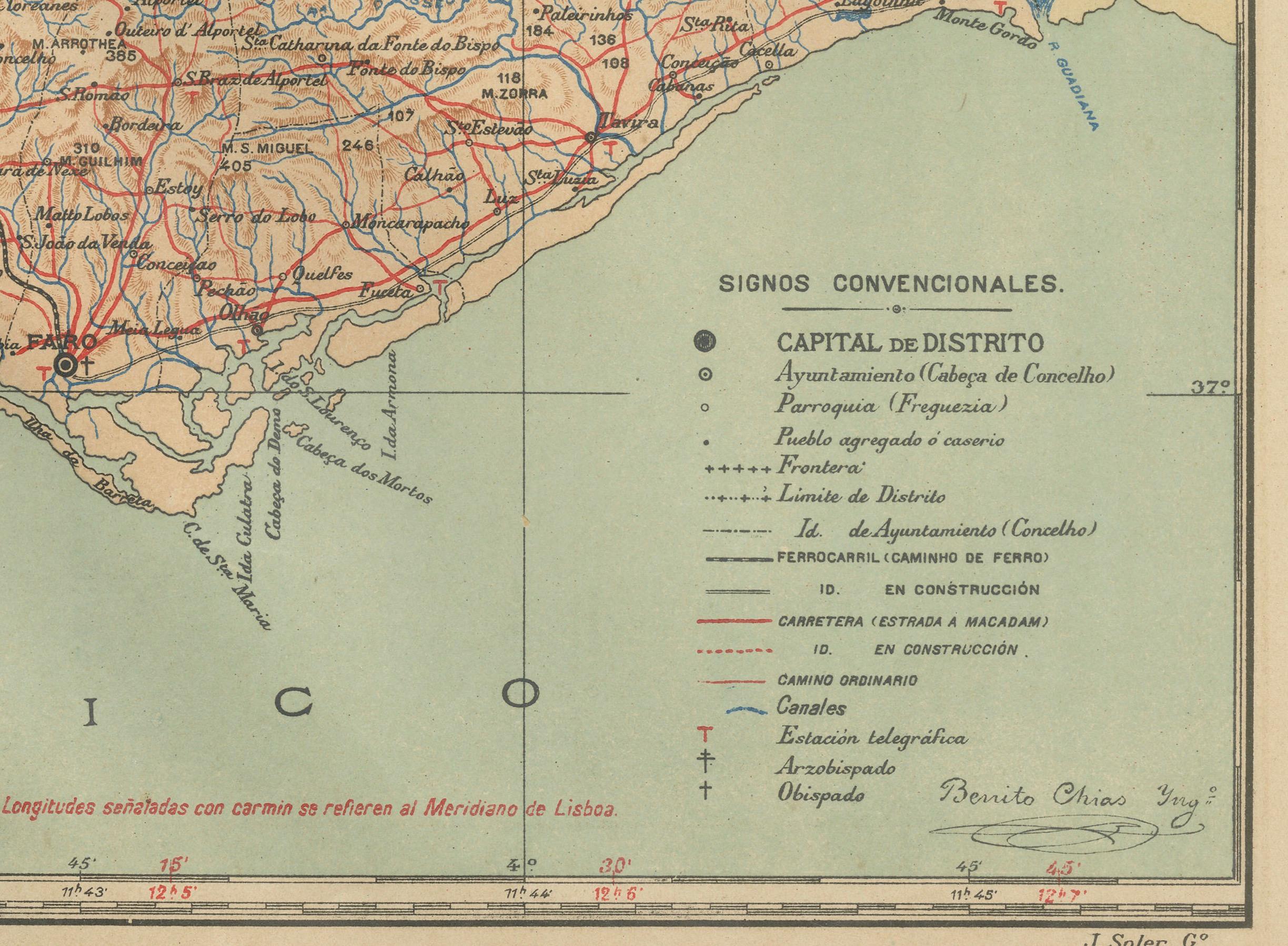Algarve: A Tapestry of Sea and Sunlight in an Antique Map, 1903 In Good Condition For Sale In Langweer, NL