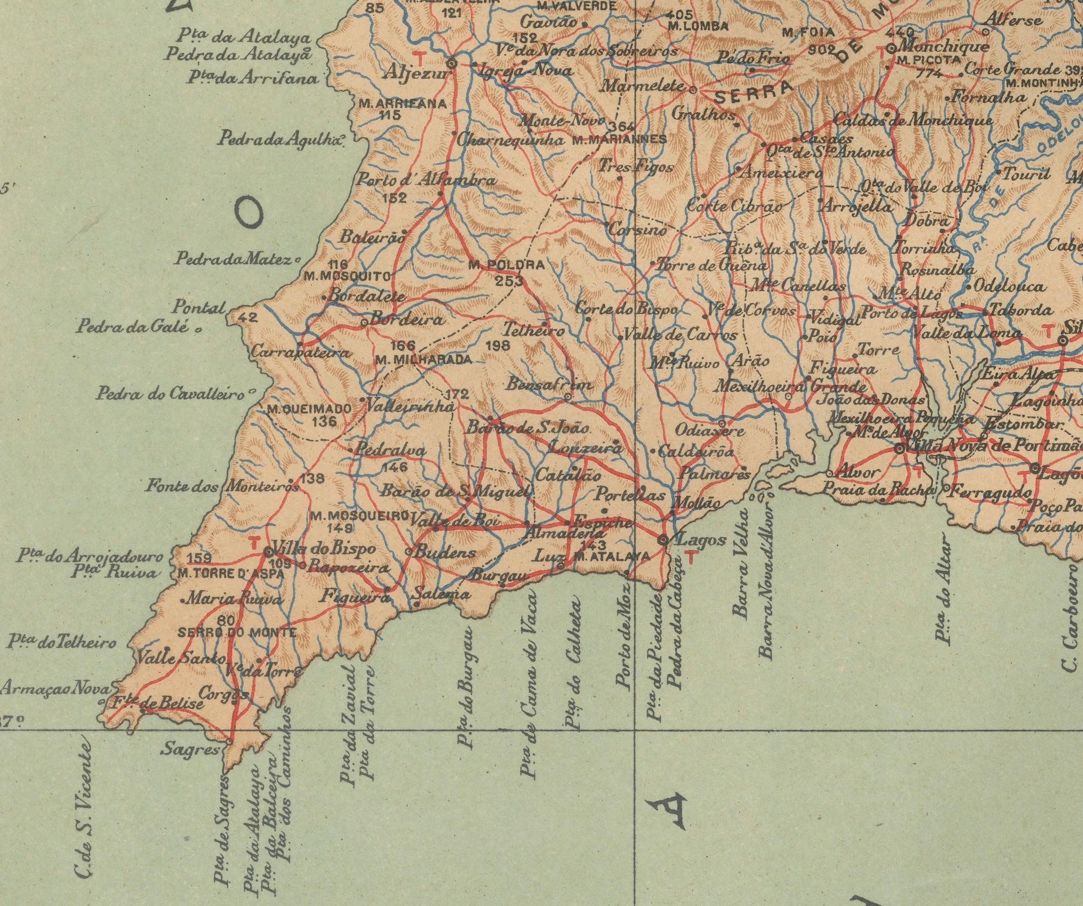 Paper Algarve: A Tapestry of Sea and Sunlight in an Antique Map, 1903 For Sale