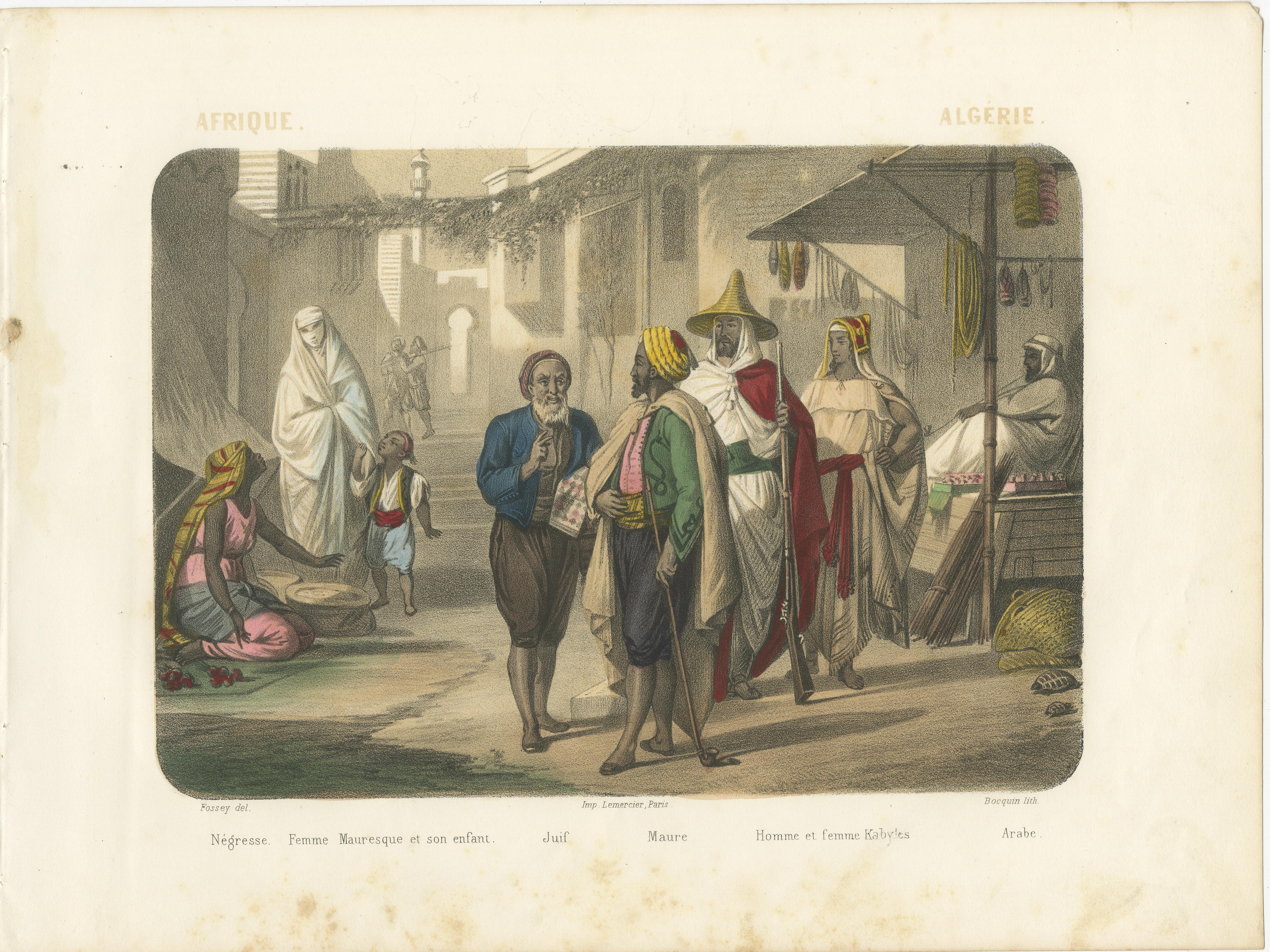 Scène de rue algérienne - Maures, Kabyles, et une femme maure avec son Child, c.1845.

Cette magnifique lithographie coloriée à la main, intitulée 