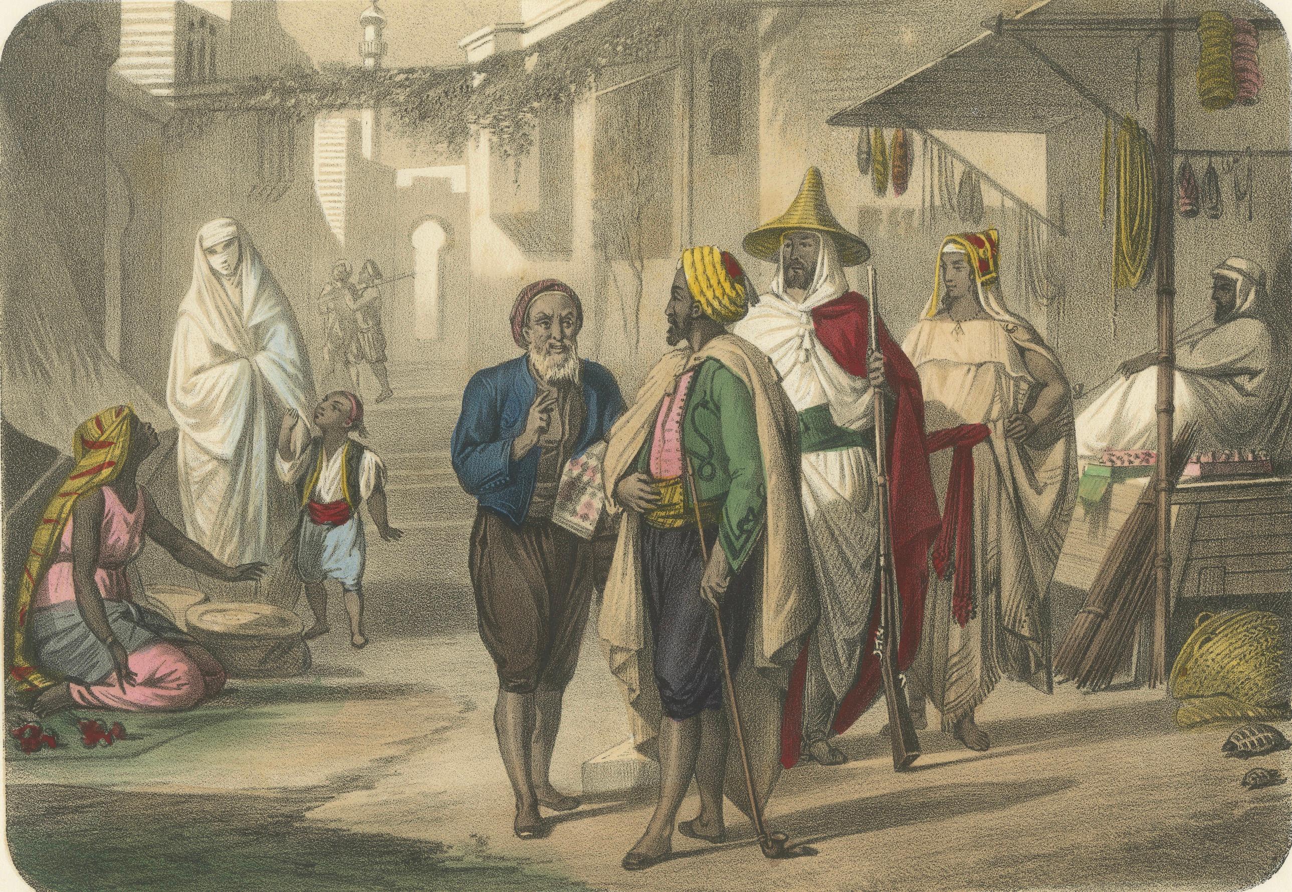 Français Scène de rue algérienne - Maures, Kabyles, et une femme maure avec son Child, c.1845. en vente