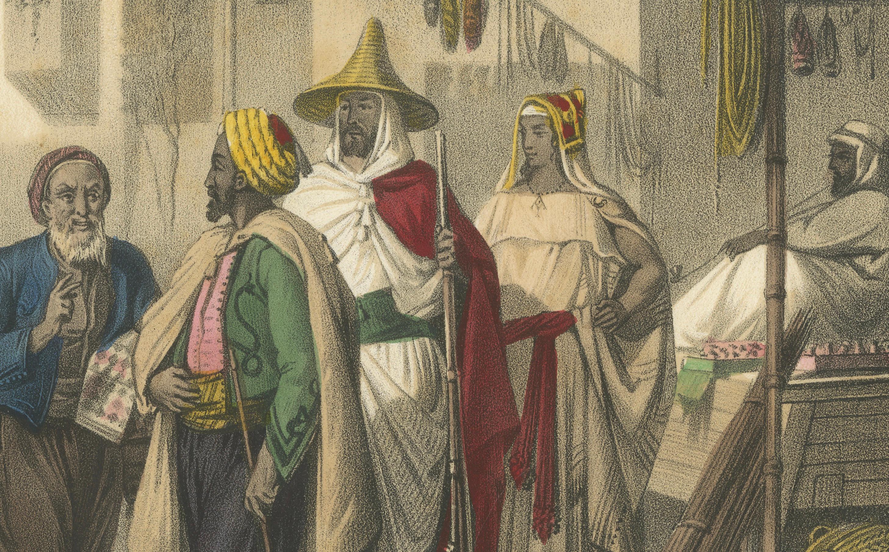 Scène de rue algérienne - Maures, Kabyles, et une femme maure avec son Child, c.1845. Bon état - En vente à Langweer, NL