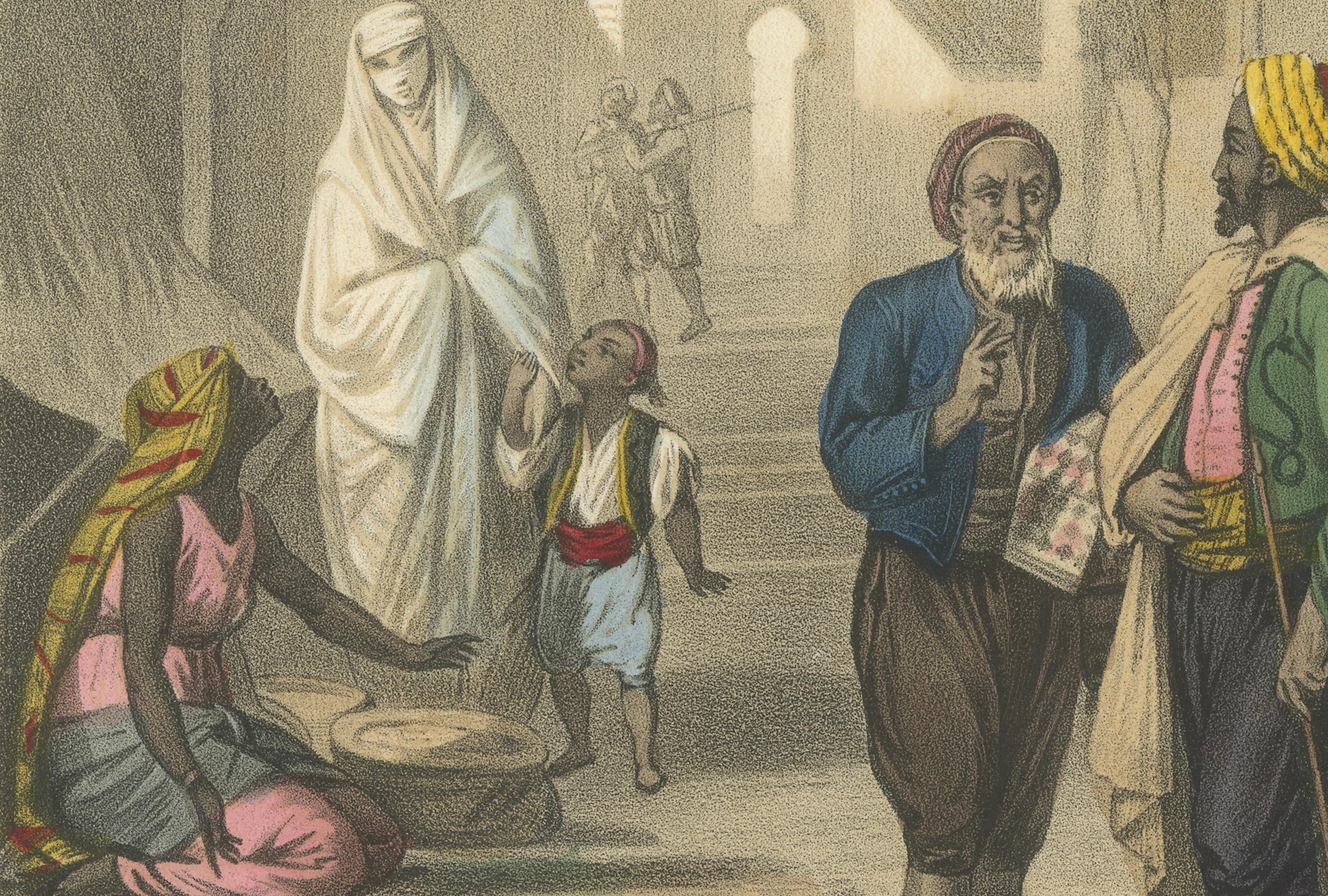 Milieu du XIXe siècle Scène de rue algérienne - Maures, Kabyles, et une femme maure avec son Child, c.1845. en vente