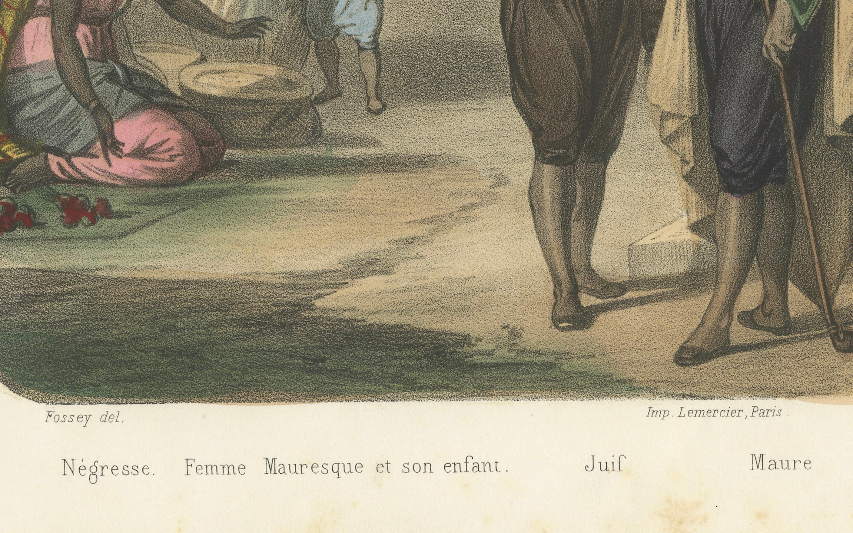 Papier Scène de rue algérienne - Maures, Kabyles, et une femme maure avec son Child, c.1845. en vente