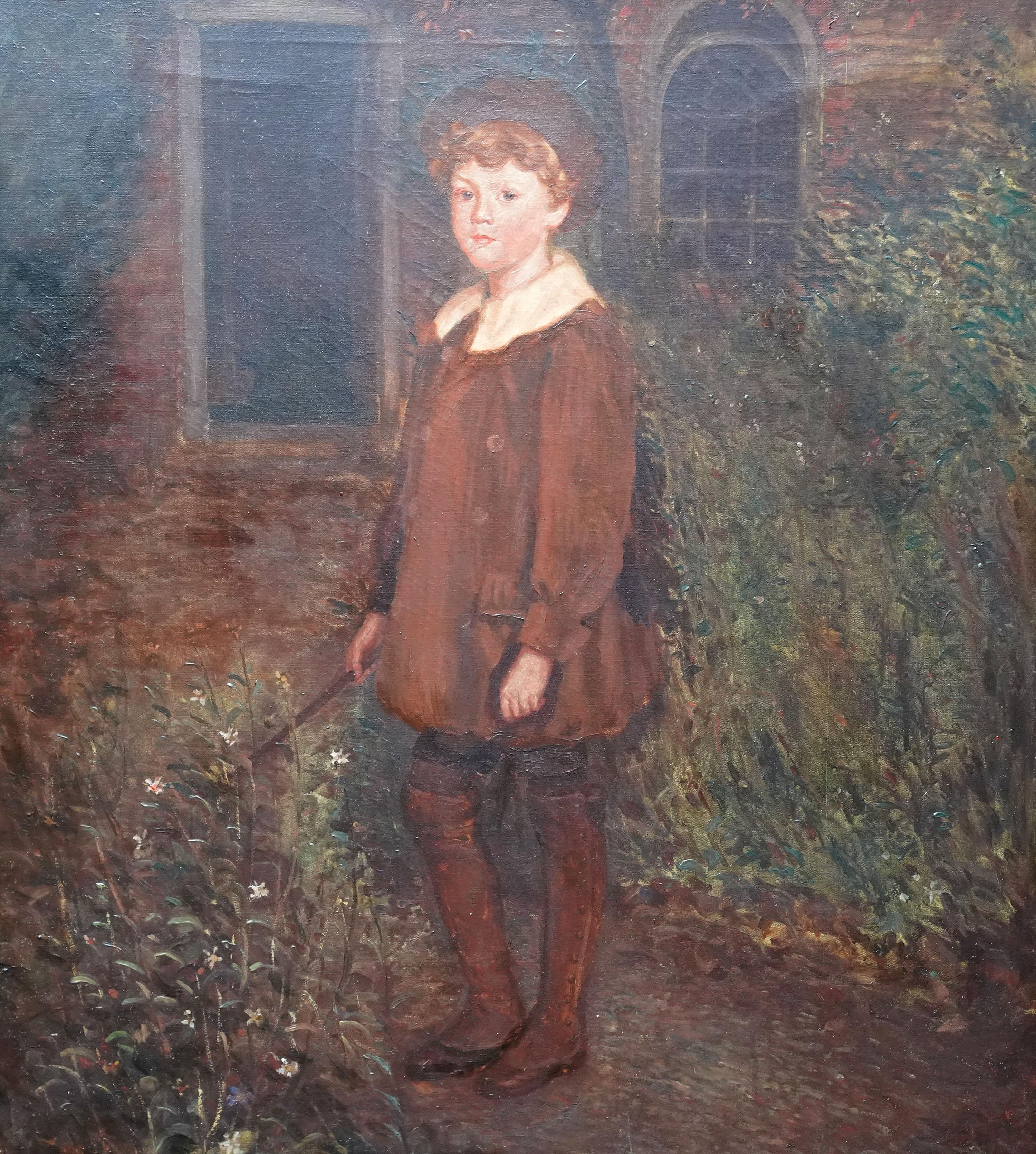 Porträt eines jungen Jungen im Garten – Ölgemälde der britischen Edwardianischen Slade-Schule im Angebot 5