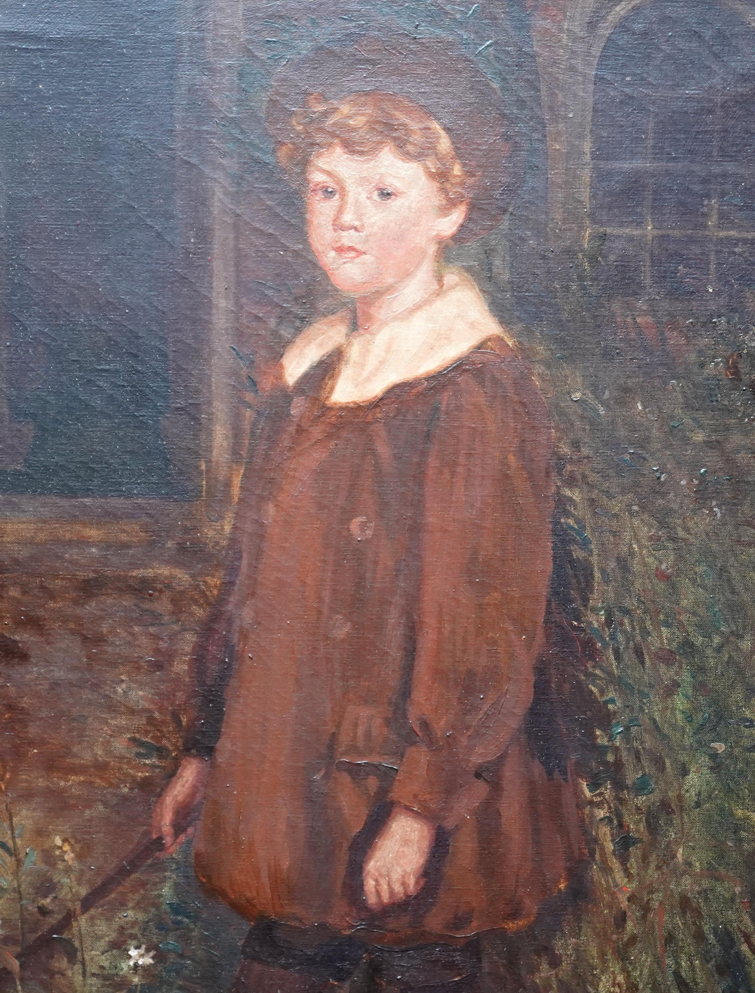 Dieses sehr interessante britische Porträt-Ölgemälde aus der Edwardianischen Zeit stammt von dem bekannten Slade School-Künstler Algernon Cecil Newton. Newton wurde vor allem als Landschaftsmaler tätig und stellte mehrfach in der Royal Academy in