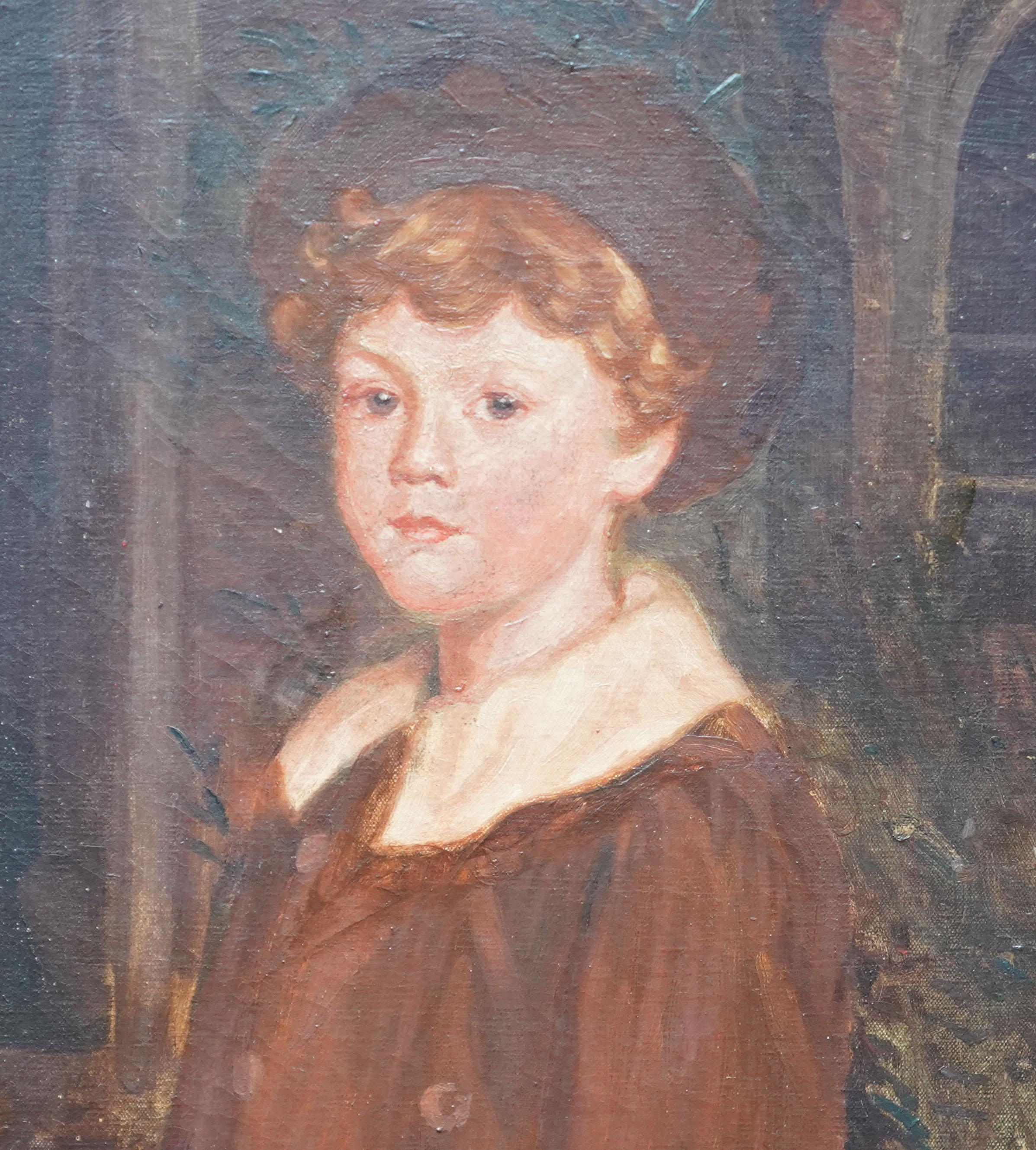 Porträt eines jungen Jungen im Garten – Ölgemälde der britischen Edwardianischen Slade-Schule im Angebot 1