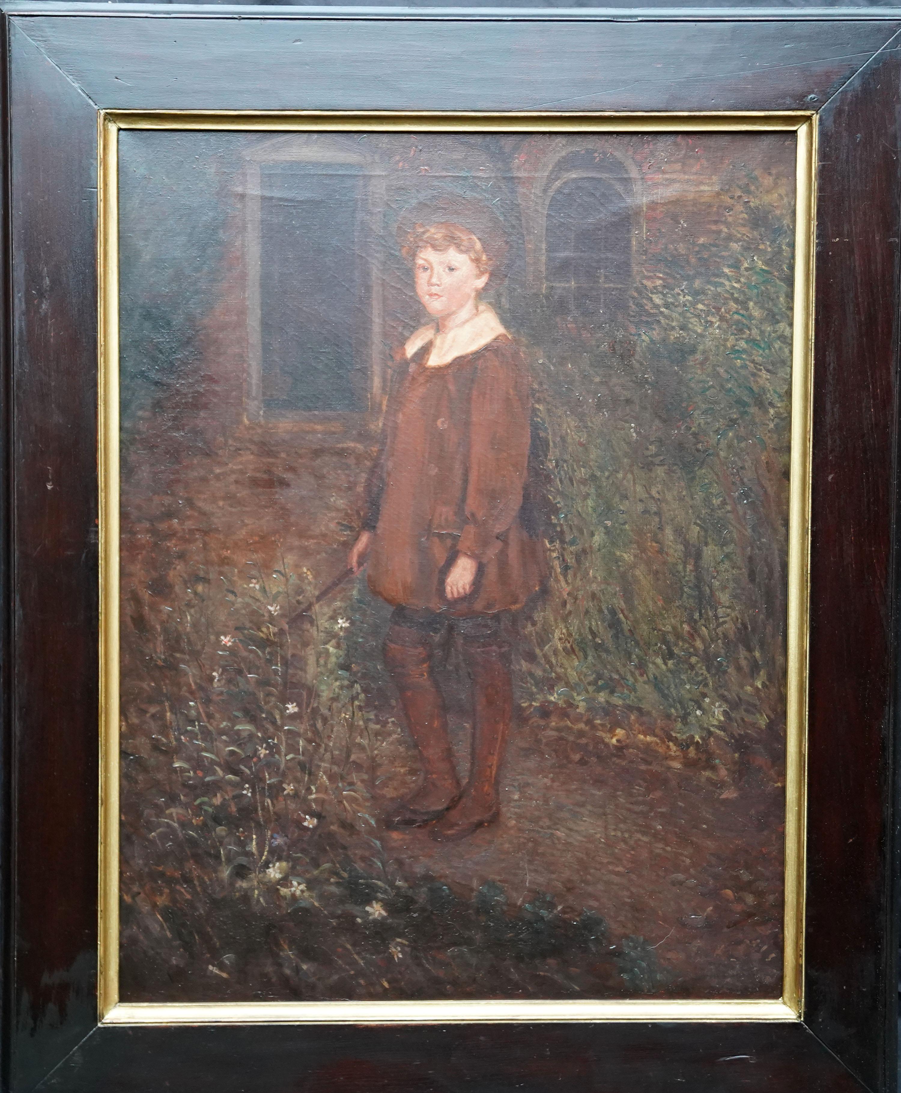 Portrait of a Young Boy in Garden - British Edwardian Slade School oil painting