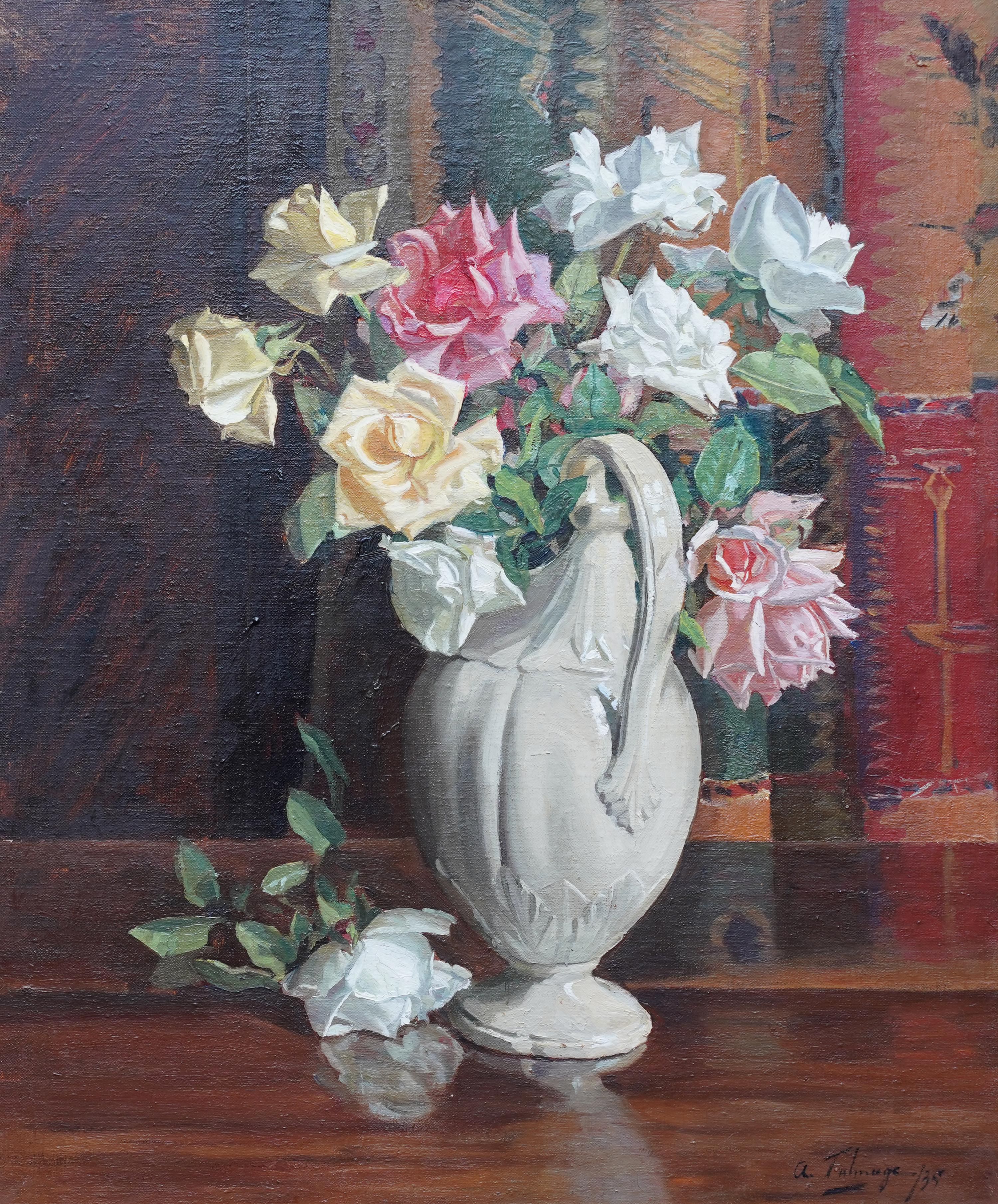 A Flower Piece Roses in a White Vase - British 1930's Exhib floral oil painting 7