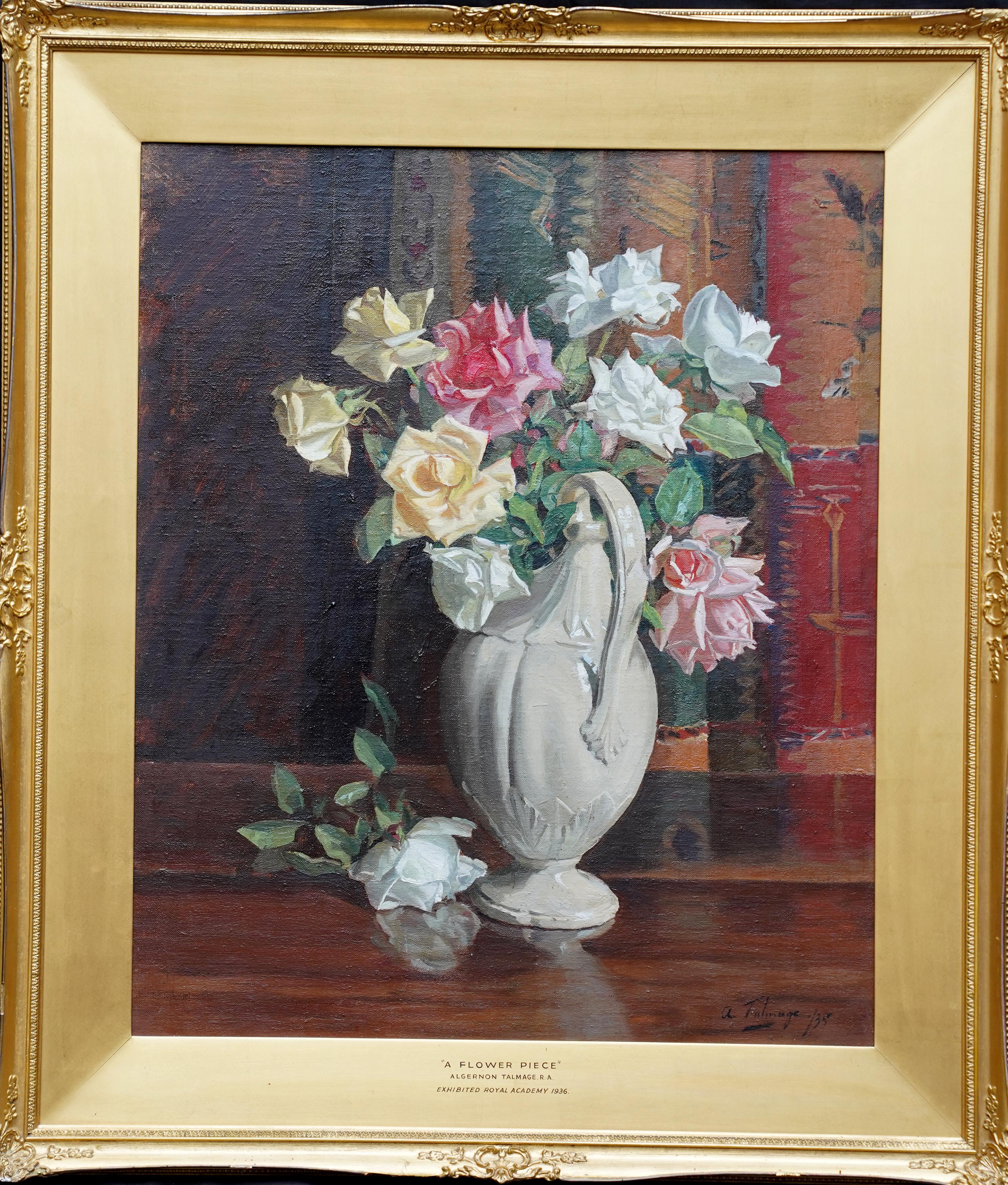 A Flower Piece Roses in a White Vase - British 1930's Exhib floral oil painting 8