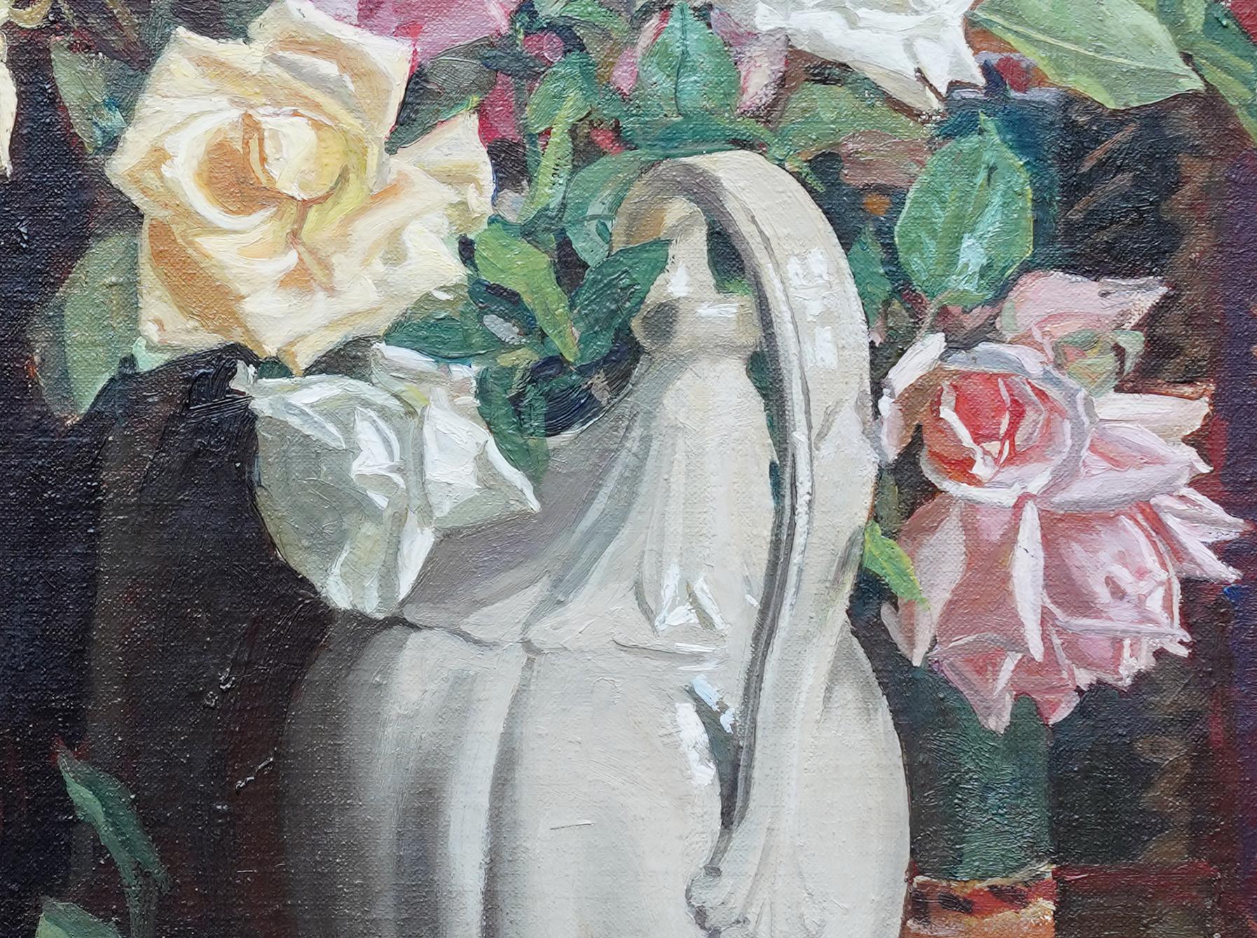 A Flower Piece Roses in a White Vase - British 1930's Exhib floral oil painting - Brown Still-Life Painting by Algernon Talmage