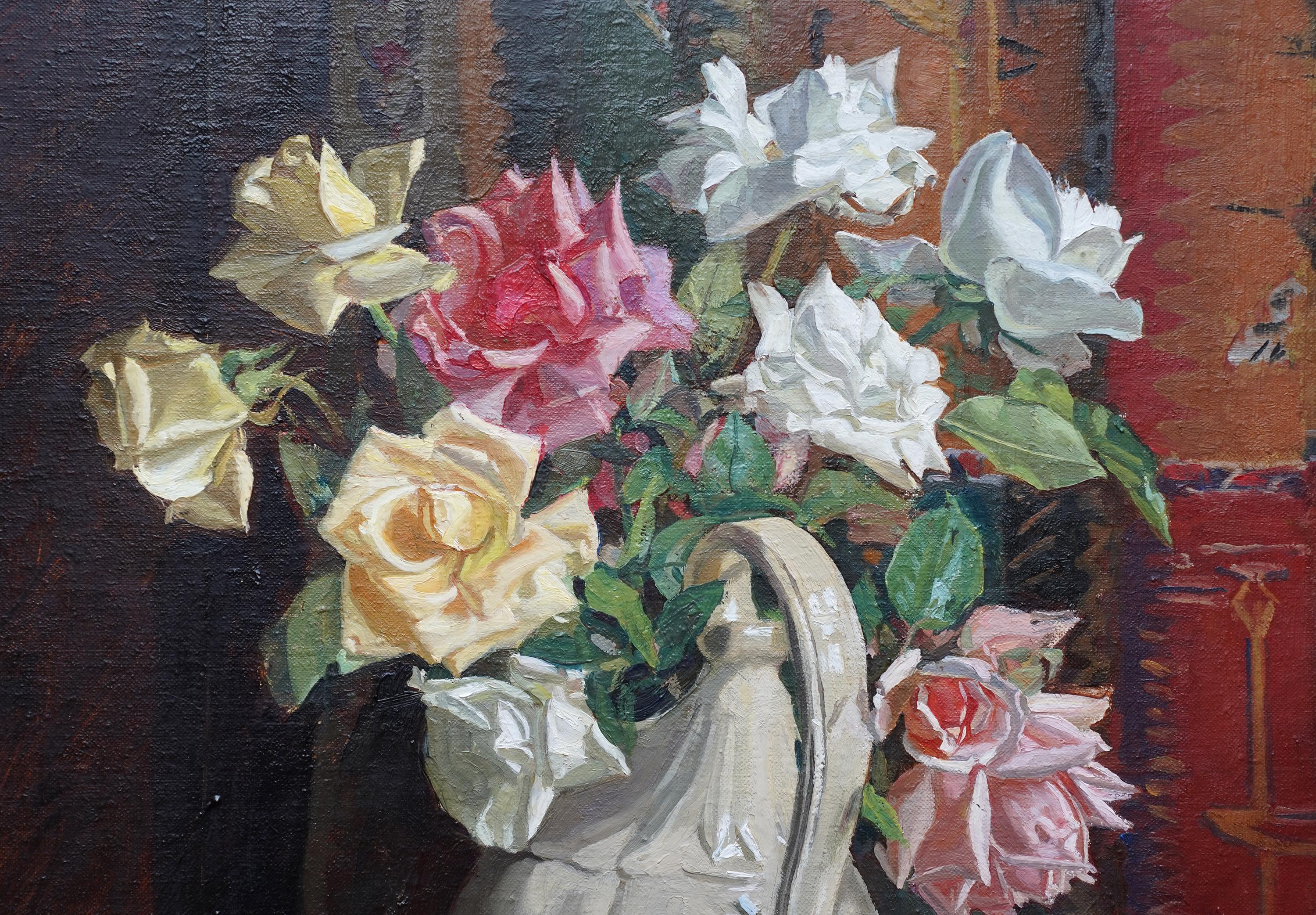 This superb British 1930's exhibited floral oil painting is by noted artist Algernon Talmage. Painted in 1935, the painting was exhibited at the Royal Academy London in 1936 where he was a prolific exhibitor- exhibiting six paintings that year -