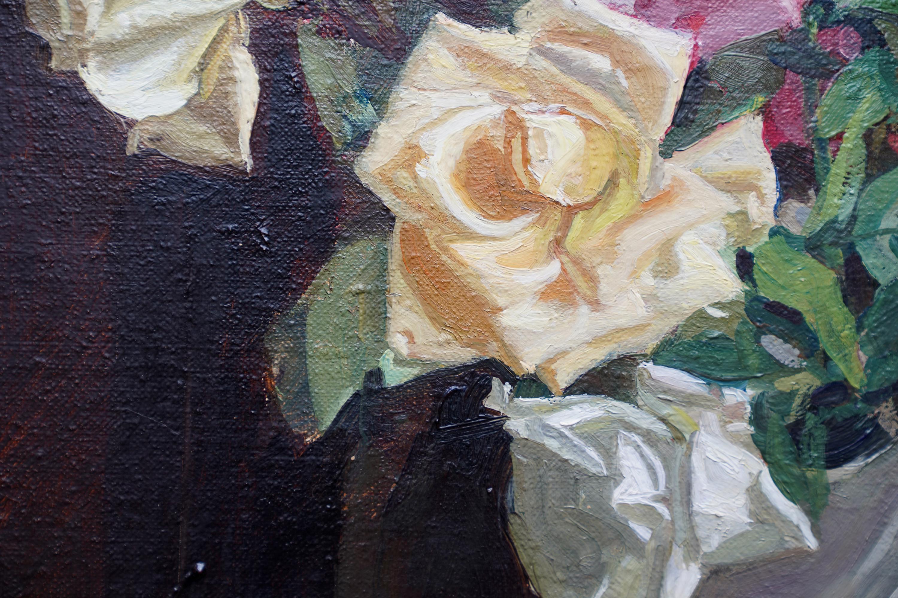 A Flower Piece Roses in a White Vase - British 1930's Exhib floral oil painting 1