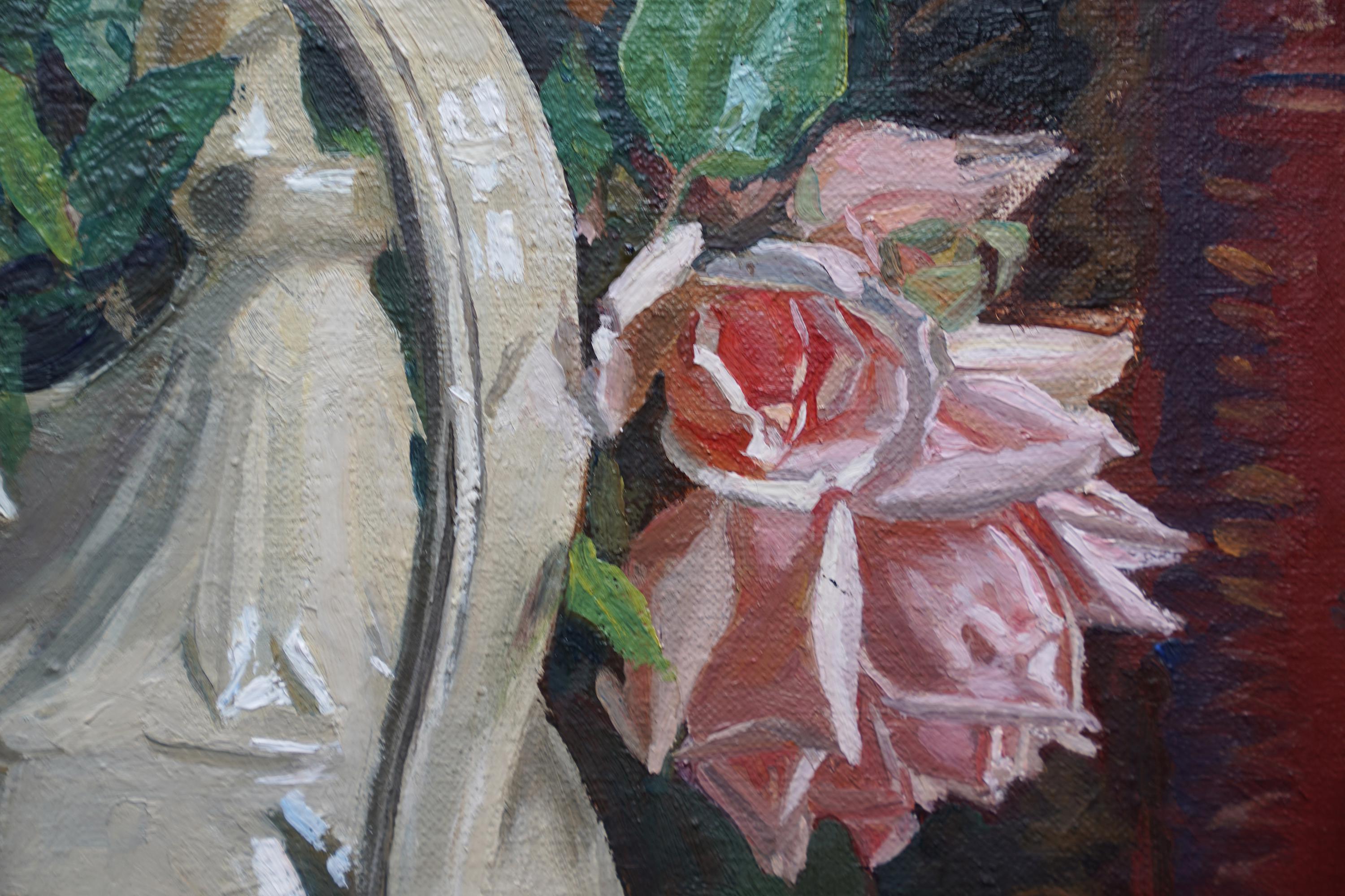 A Flower Piece Roses in a White Vase - British 1930's Exhib floral oil painting 2